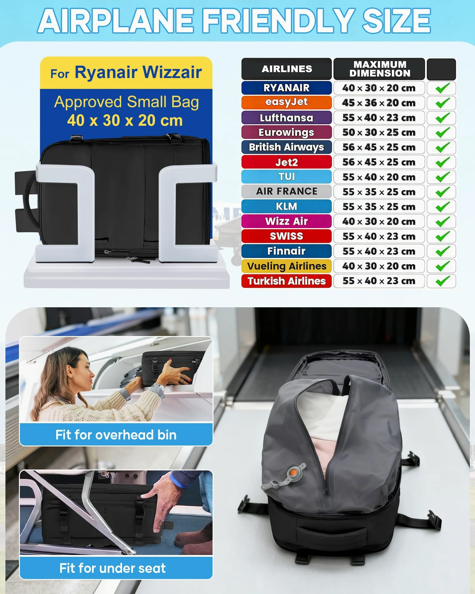 Sac à Dos Sous Vide Voyage 40x30x20 avec Pompe Bagage Cabine Ryanair Wizz Air Easyjet Ordinateur Portable 14 Pouces