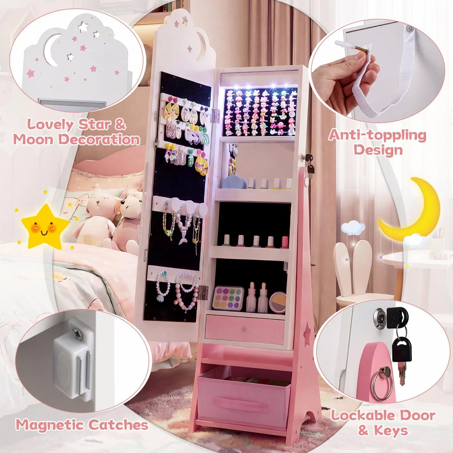 FANTASK Armoire à bijoux pour enfants - Armoire miroir avec éclairage LED et miroir complet - Verrouillable - Organiseur de bijoux inclinable avec miroir intérieur et tiroirs - Pour chambre d'enfant