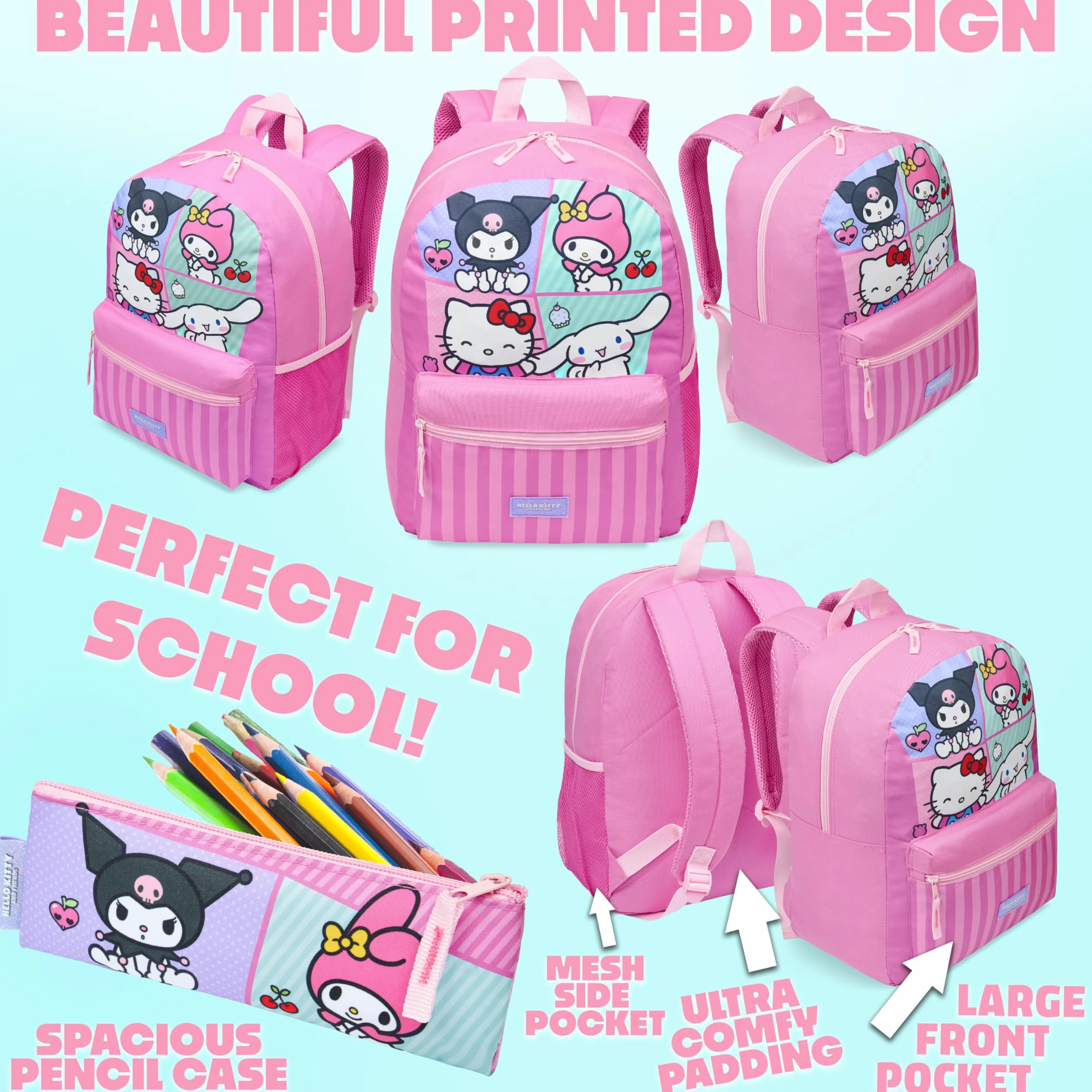 Hello Kitty Sanrio Sac à Dos Fille Kit Scolaire 4 Pièces Trousse Kawaii Sac Isotherme Repas Gourde 600ml Kuromi Cinnamoroll