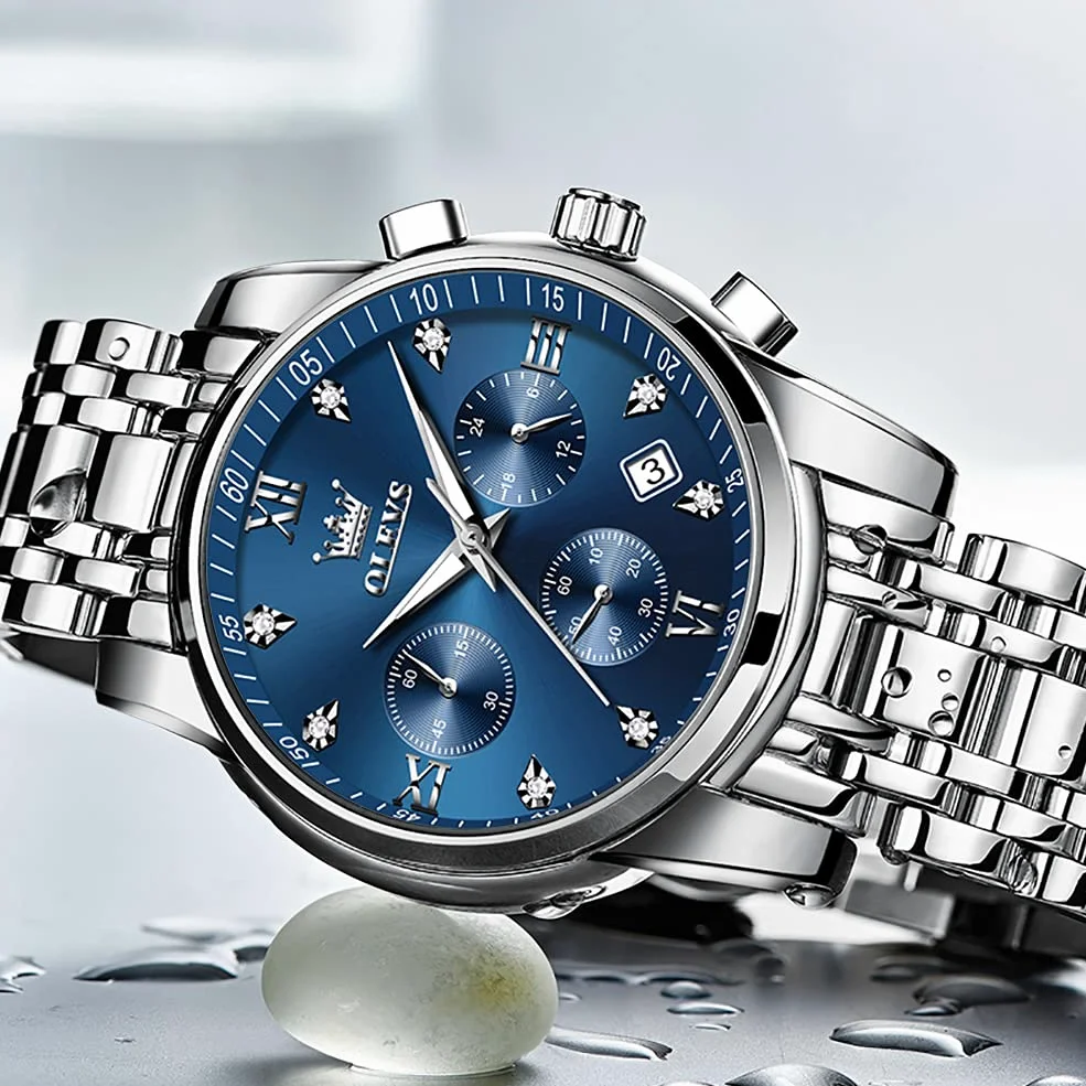 OLEVS Hommes en Acier Inoxydable Chronographe Doré Argent Analogique Quartz Grand Cadran Diamant Montre De Luxe éTanche Date Cadran NuméRique Romain