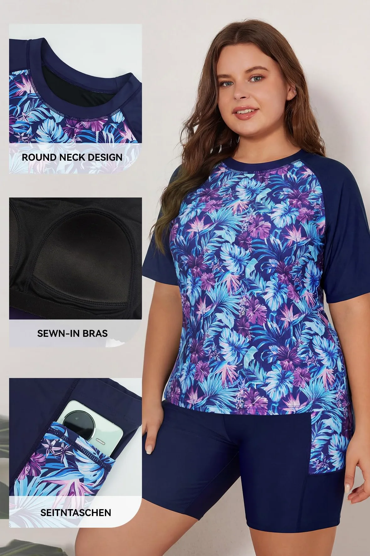 SHEKINI Maillot de Bain Femme 2 Pièces Rash Guard Set Grande Taille Imprimé Floral T-Shirt à Manches Courtes Boyshort Shorts de Bain Maillot de Surf Natation