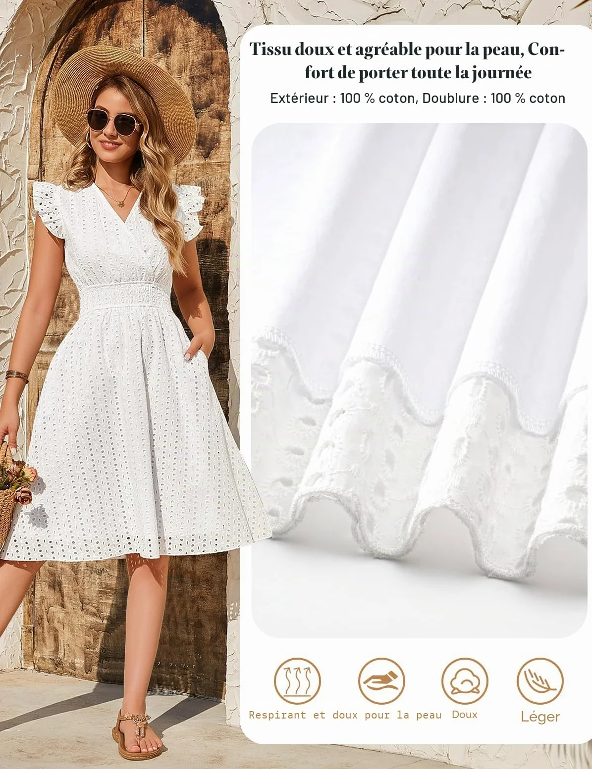 heekpek Robe Ete Femme Mi Longue Coton Col en V Robes Casual Taille Haute Ligne A sans Manche à Volants Robe Boheme Chic Detente Crochet Dentelle Jupe avec Poche
