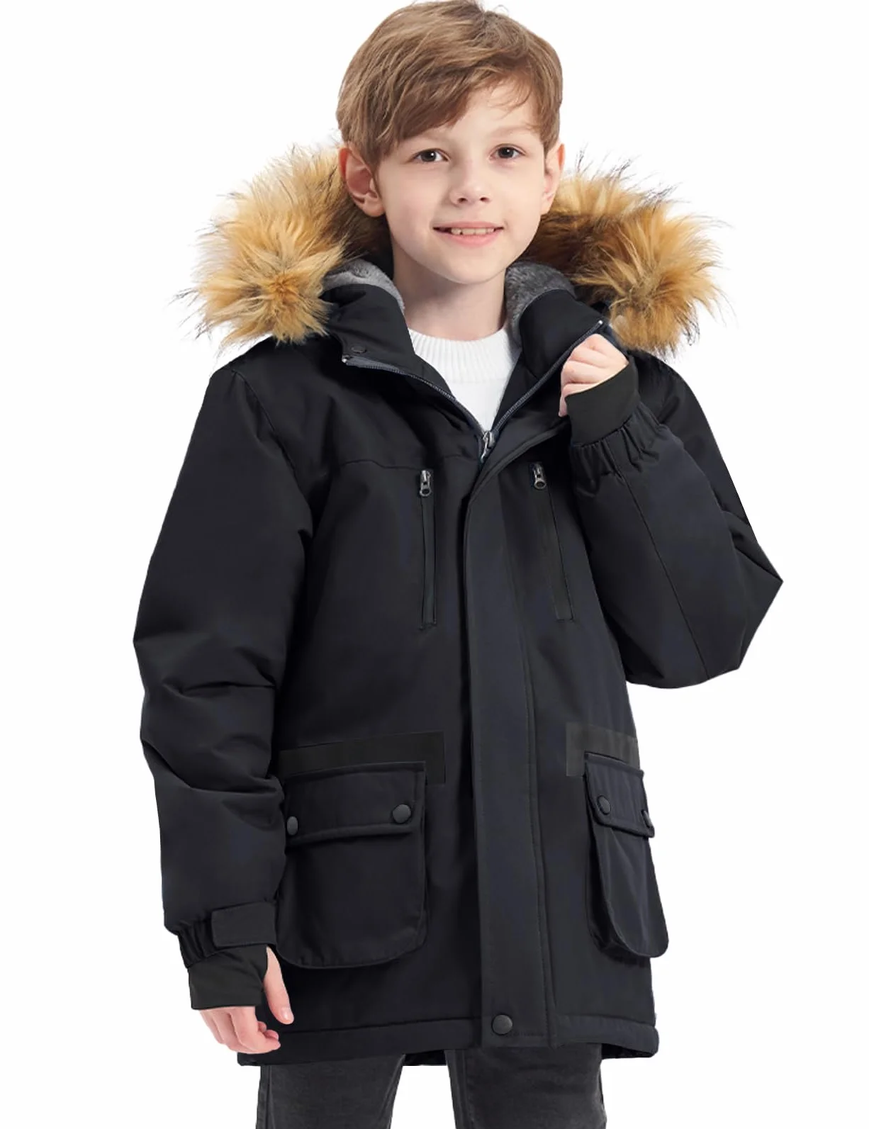 GEMYSE Veste de Ski pour Garçon Enfant Manteau Hiver Chaud Imperméable Coupe-Vent Blouson avec capuche en Fourrure Amovible