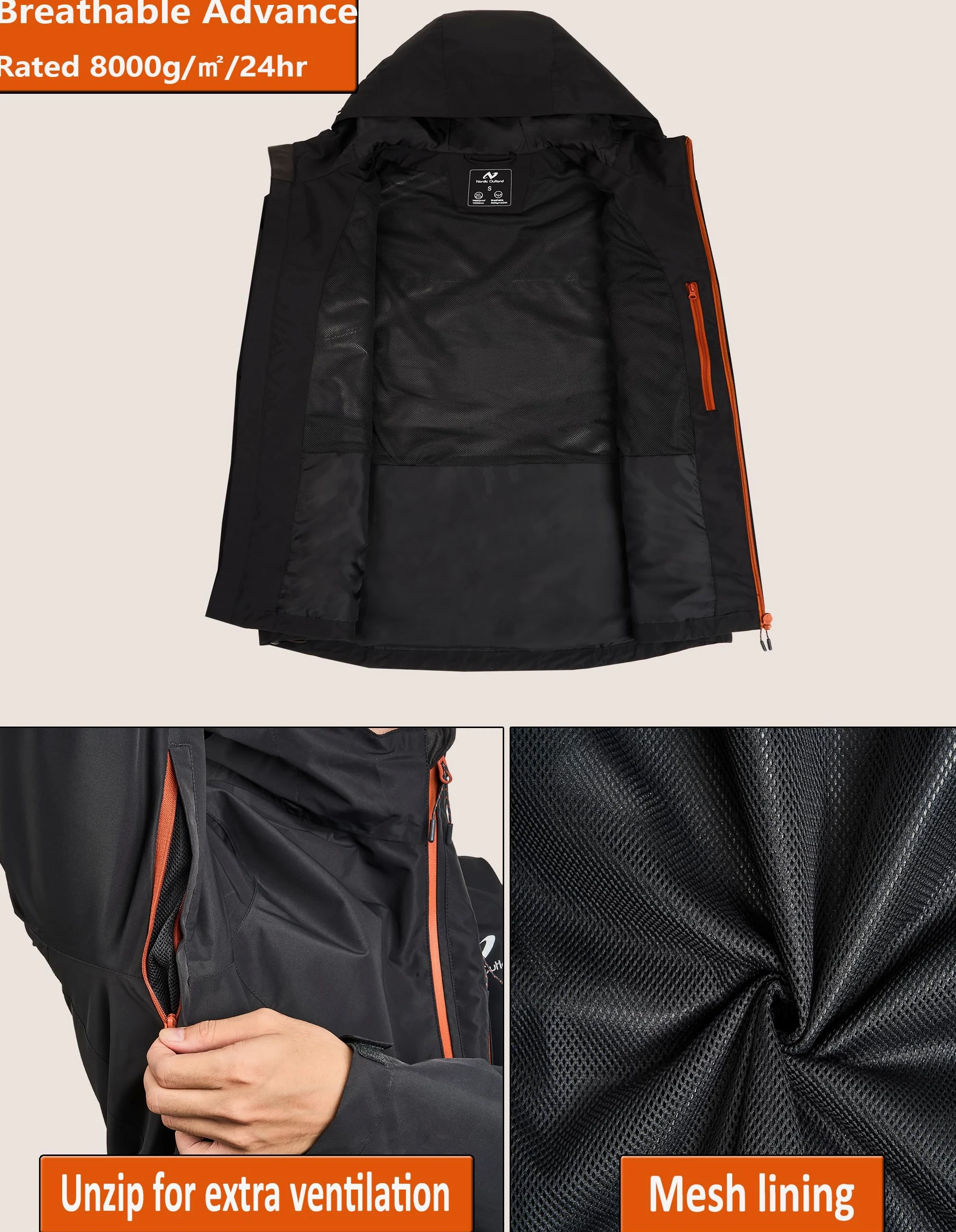 NORDIC OUTLAND Veste de pluie légère à capuche imperméable et respirante pour homme pour randonnée en montagne