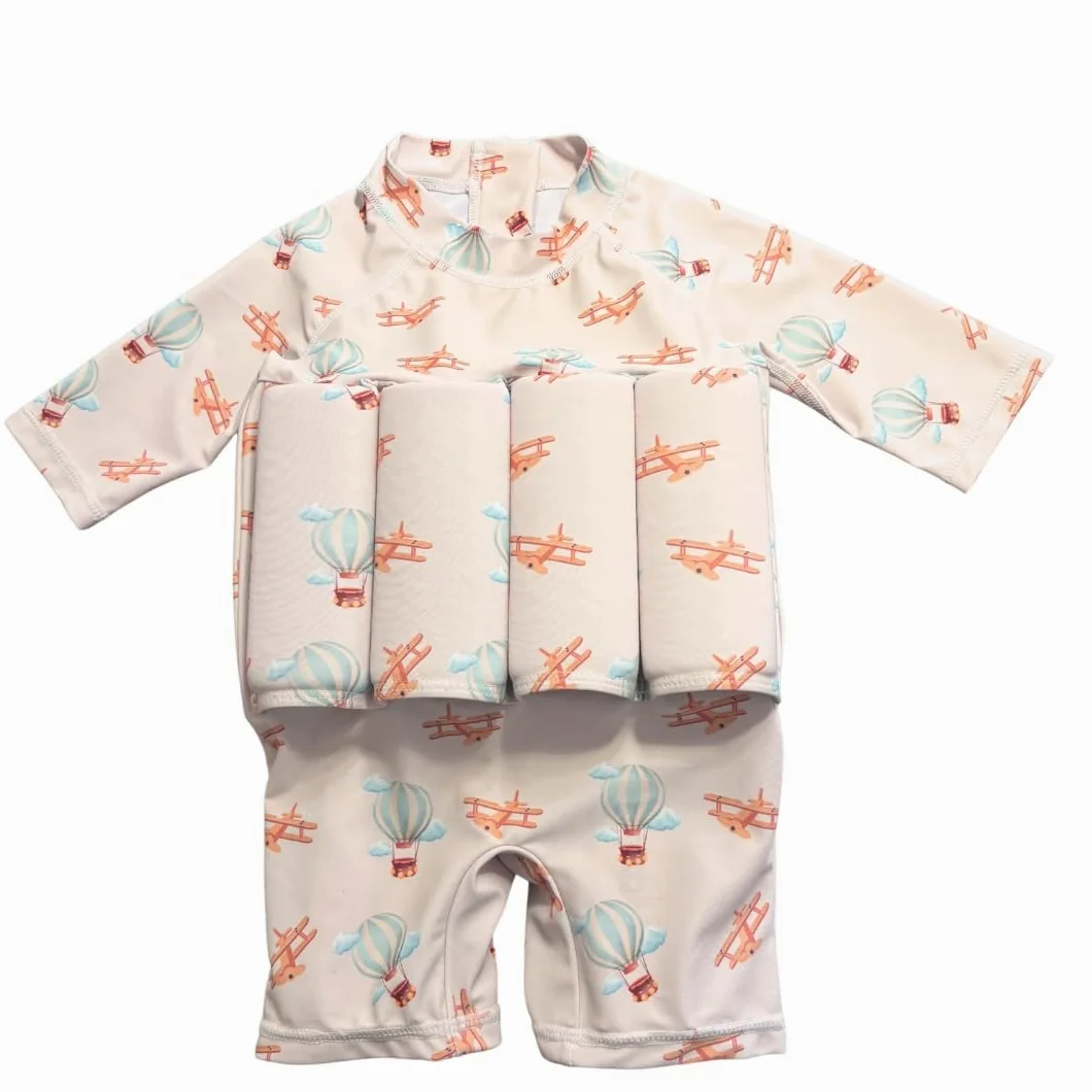 Maillot de Bain Enfant garçon Une pièce Aide à la flottabilité, Flotteurs retirables pour sécurité Confiance, Protection Anti-UV+, Motif Montgolfières Avions, Combinaison Manches Longues, Vintage