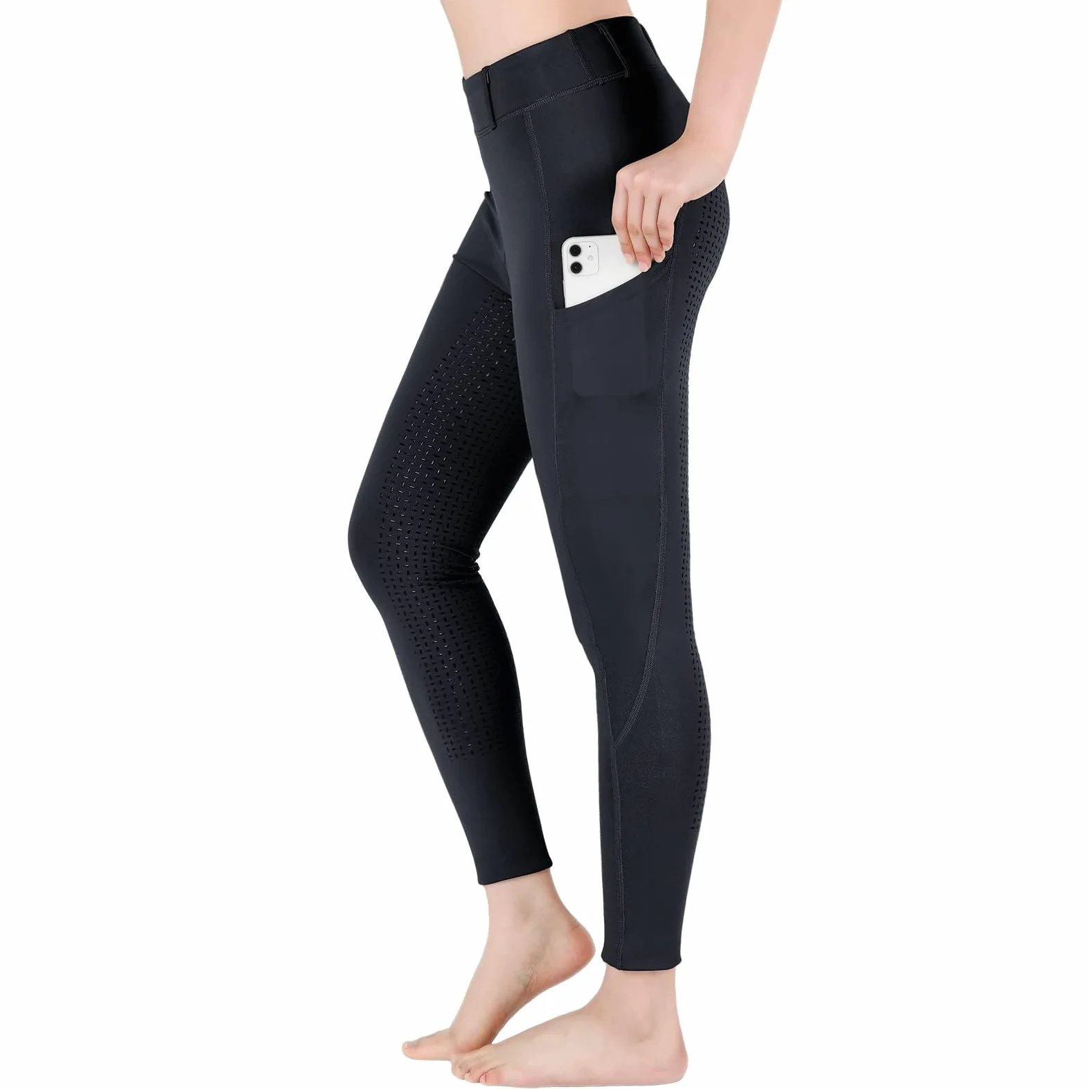 beroy Pantalon d'équitation pour enfant avec empiècement complet avec leggings d'équitation en silicone pour fille avec passants de ceinture et poche pour téléphone portable