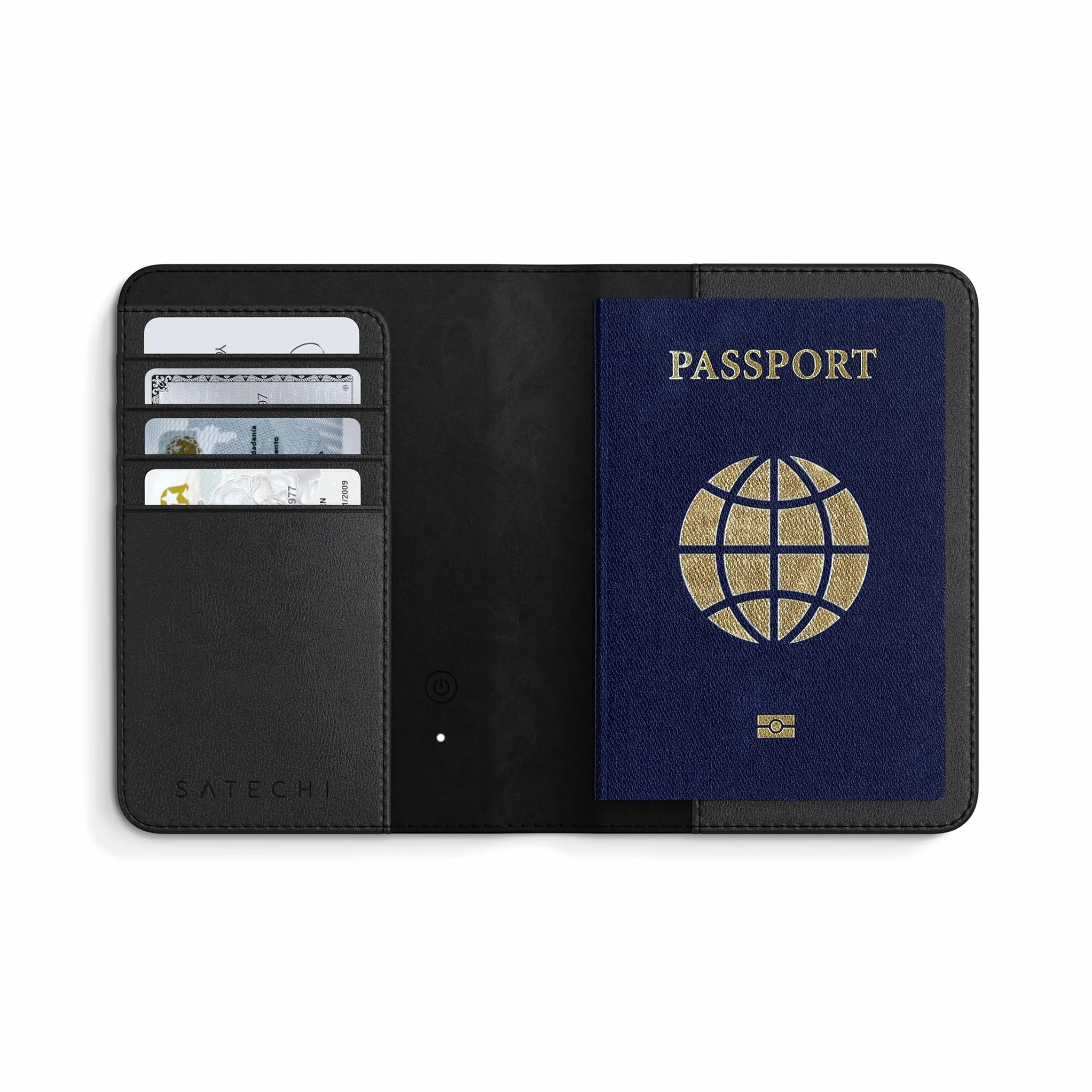 Satechi FindAll Protège-Passeport avec Apple Find My, Pochette avec 4 Fentes pour Cartes, Recharge sans Fil et Protection RFID, Accessoire de Voyage en Matériau Premium (PU) – Noir