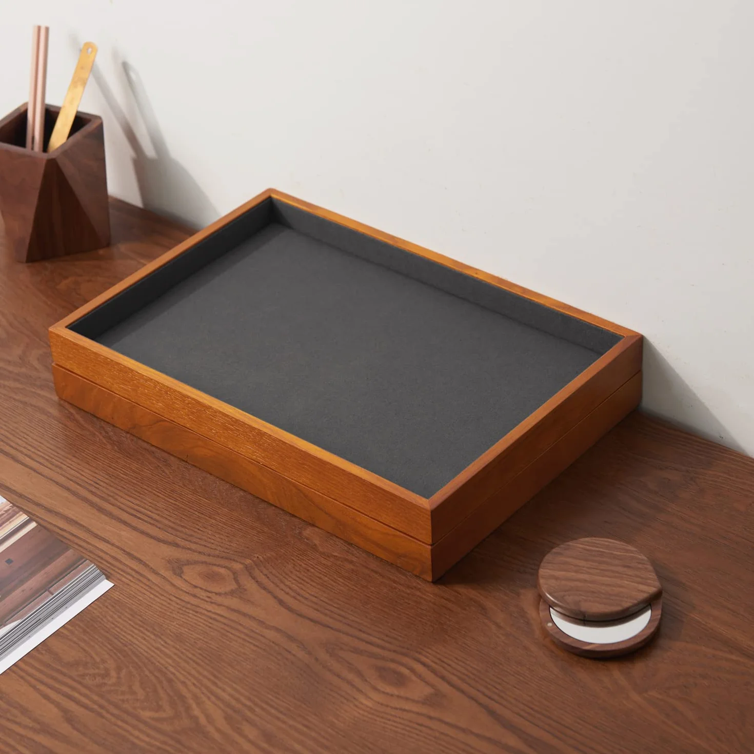 Oirlv Bois Massif Plateau Plat Pour Bijoux,Empilable,Tiroir Pour Bijoux,Organisateur,Vitrine,Porte Bijoux(Gris)