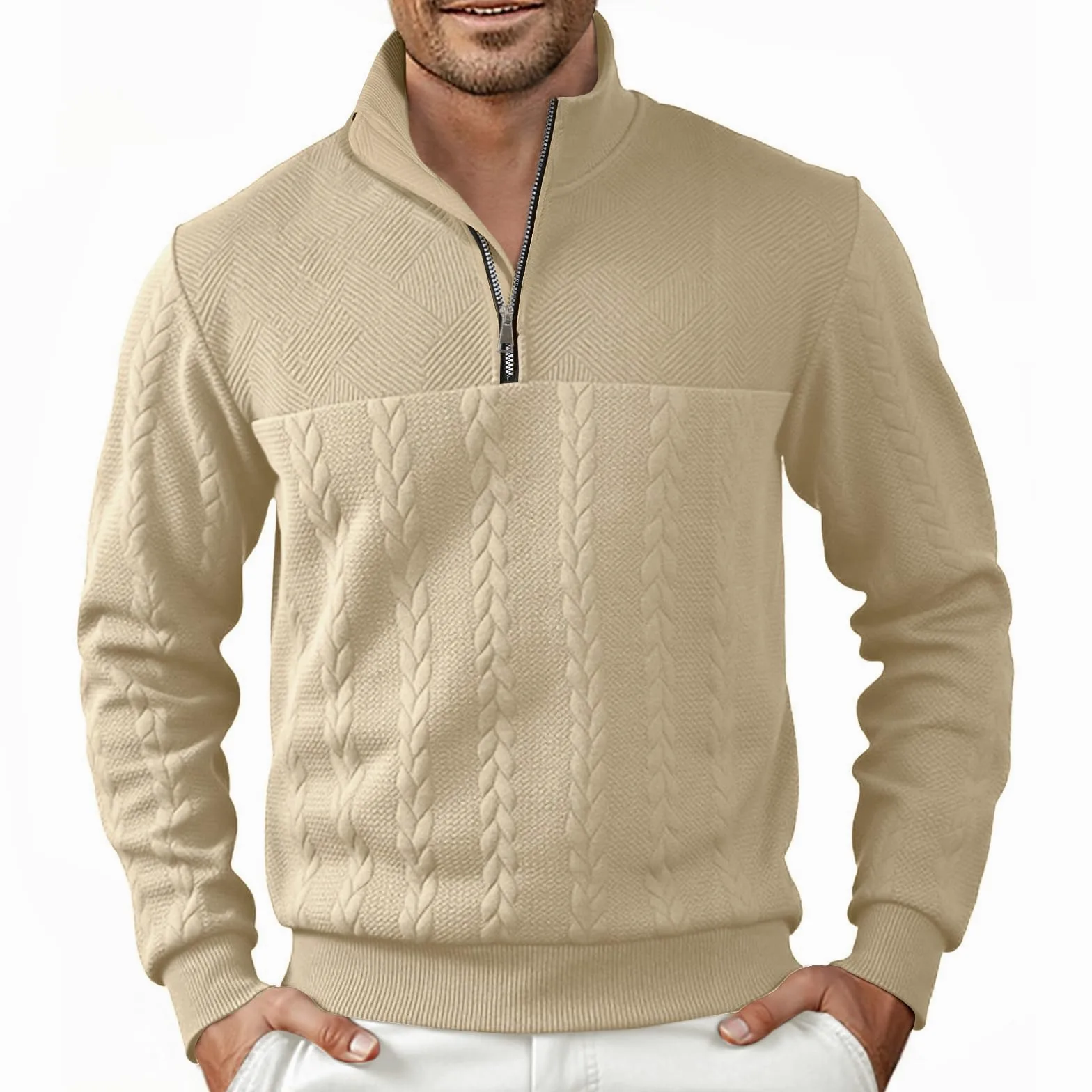 Halfword Pulls Homme Zip Pullover Tricoté Pull à Manches Longues pour Hommes Jacquard Sweatshirts