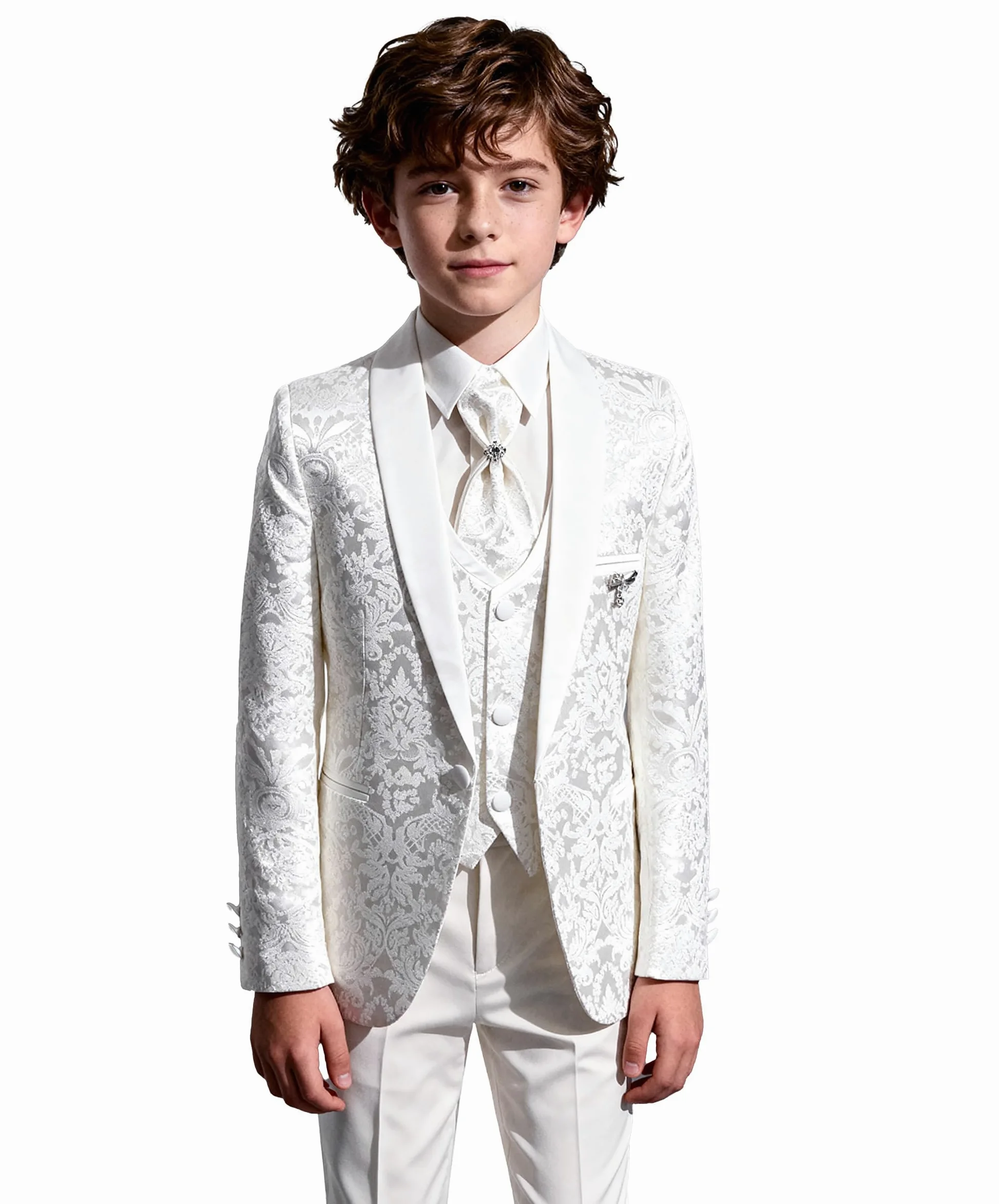 SIRRI Ensemble Smoking de Communion à Motifs pour garçons, 5 pièces, pour Mariage, dîner, Bal de Promo, 1 à 16 Ans