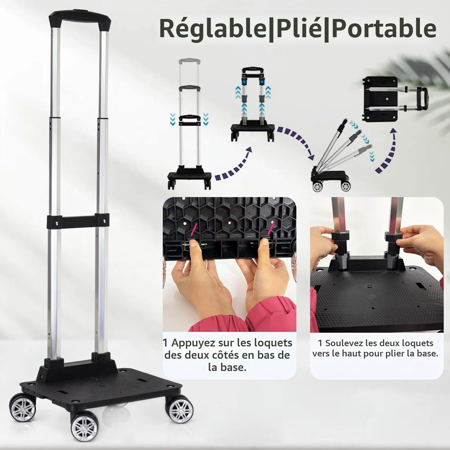 Chariot à dos à roulettes avec sangle de bagage, chariot pliable en alliage d'aluminium pour cartable, sac à dos, chariot de voyage