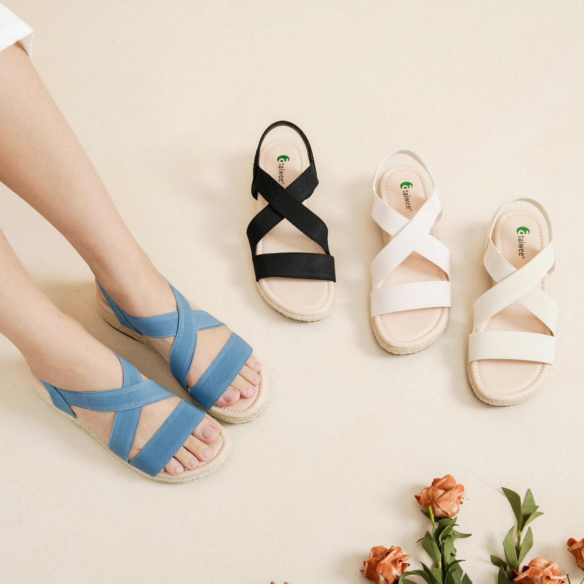 Ataiwee Sandales compensées à plateforme pour femmes,Sandales compensées espadrilles d'été décontractées avec bride de cheville élastique et bout ouvert