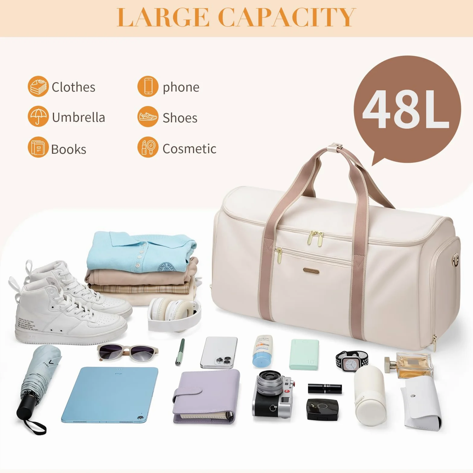 Sac de Voyage Convertible 2 en 1 Sac à Main pour Femme Pliable Blanc Cassé