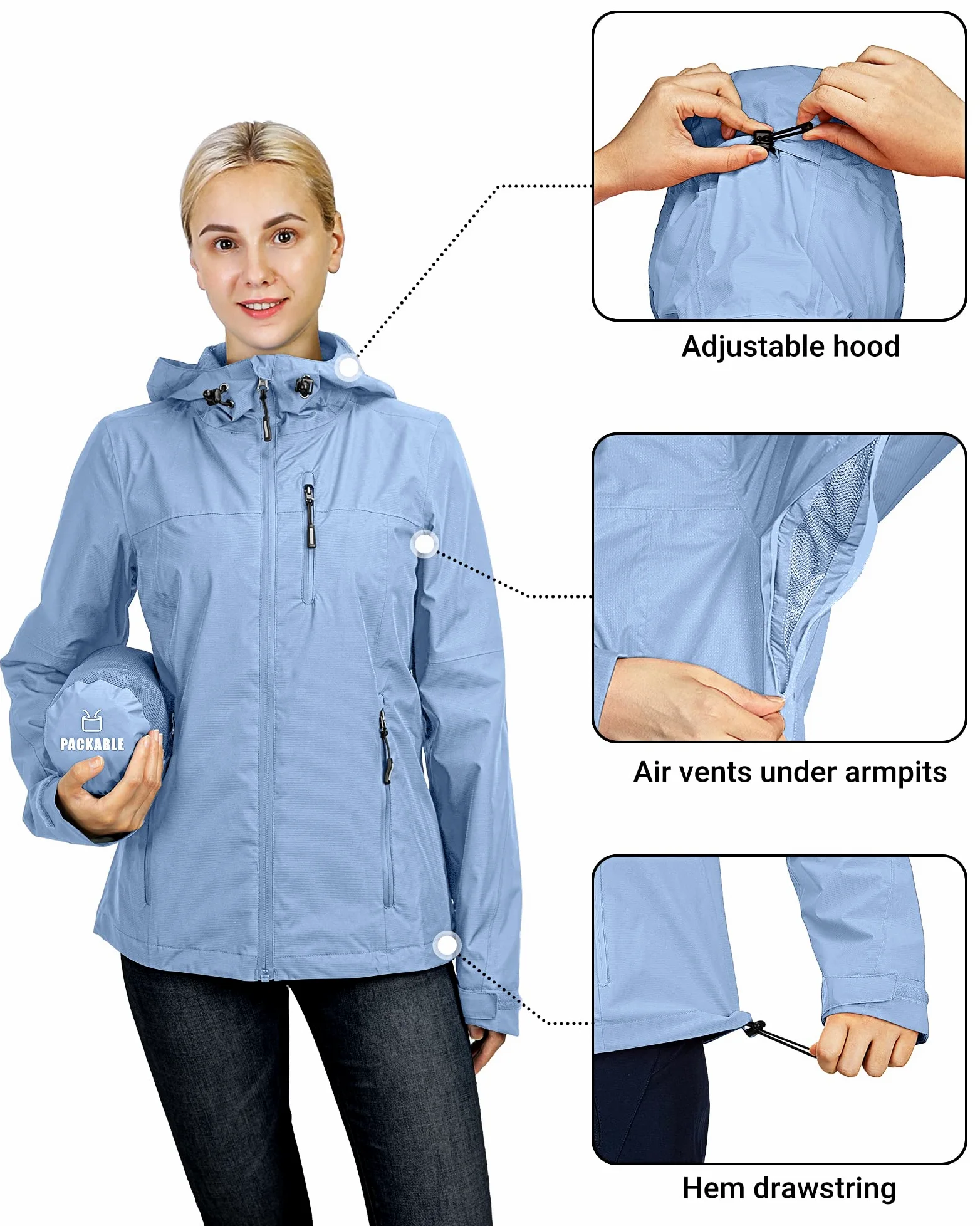 Outdoor Ventures Veste imperméable pour femme - Légère - Coupe-vent - Pliable - Veste de pluie pour l'extérieur, la course à pied, le golf, le cyclisme - Veste softshell avec capuche
