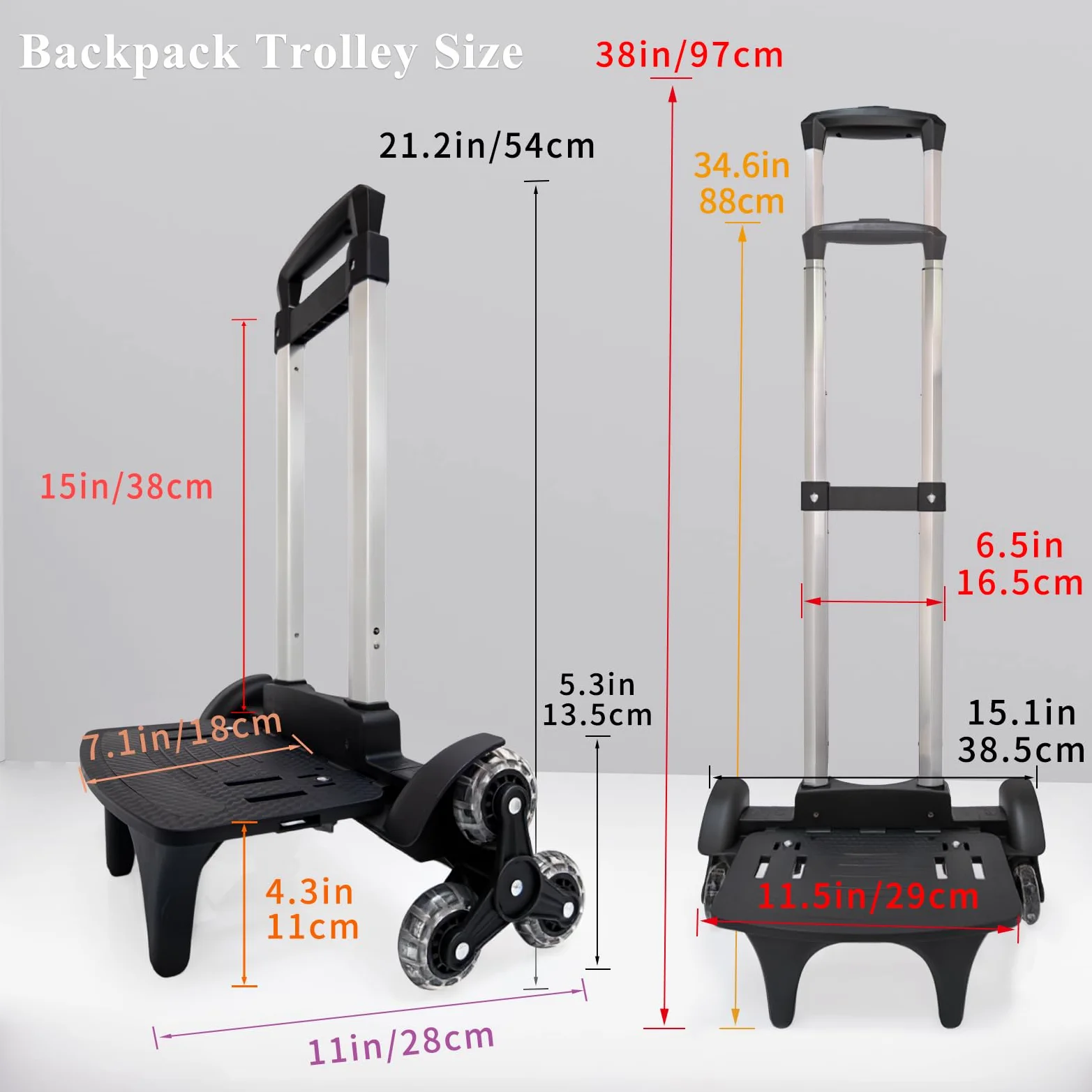 Chariot à Dos Pliable léger - Diable à 3 Roues avec Sangle, Backpack Trolley pour Sac à Dos, Voyage et Usage Quotidien - Noir