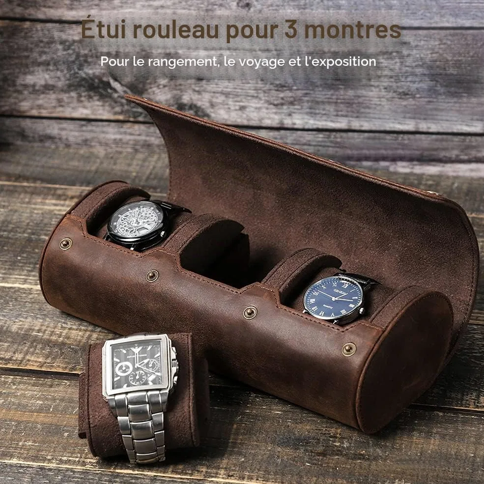 Contacts Étui de voyage en cuir véritable pour homme et femme, boîte de rangement de montre, pochette de protection à 3 emplacements pour montre
