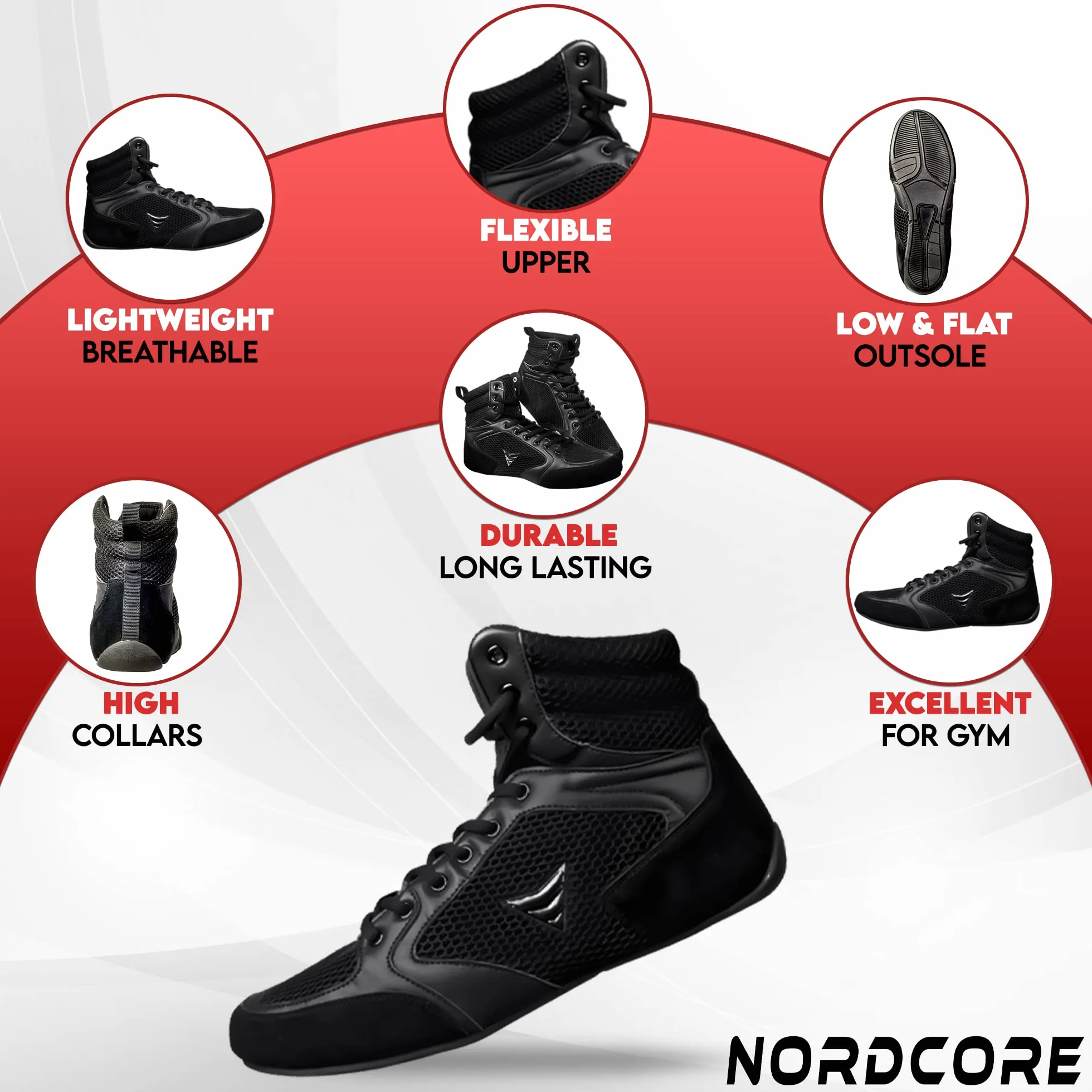 Nordcore Chaussure de Lutte Mat Ace - Chaussure de Boxe Légères pour Arts Martiaux – Chaussures Haltérophilie à Haute Traction pour Hommes et Femmes – Wrestling Shoes