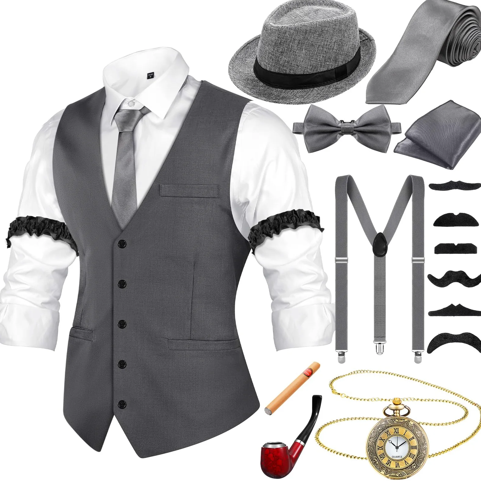 Hestya Tenue des Années 20 pour Homme avec Gilet Chapeau Fédora Bretelles Nœud Papillon Montre de Poche Vintage