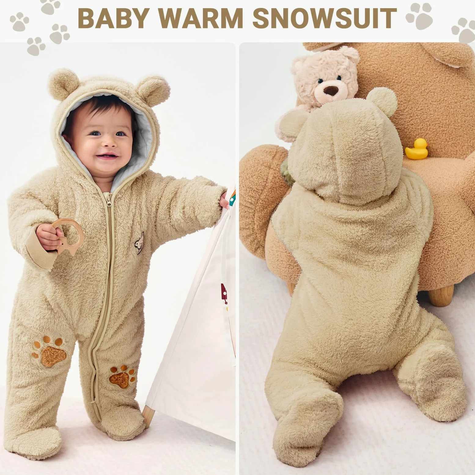 JiAmy Combinaison Bebe Garcon Fille Hiver Polaire Combipilote Pilote Bébé Manteau à Capuche Manches Longues Ours Combinaison de Neige 0-12 Mois