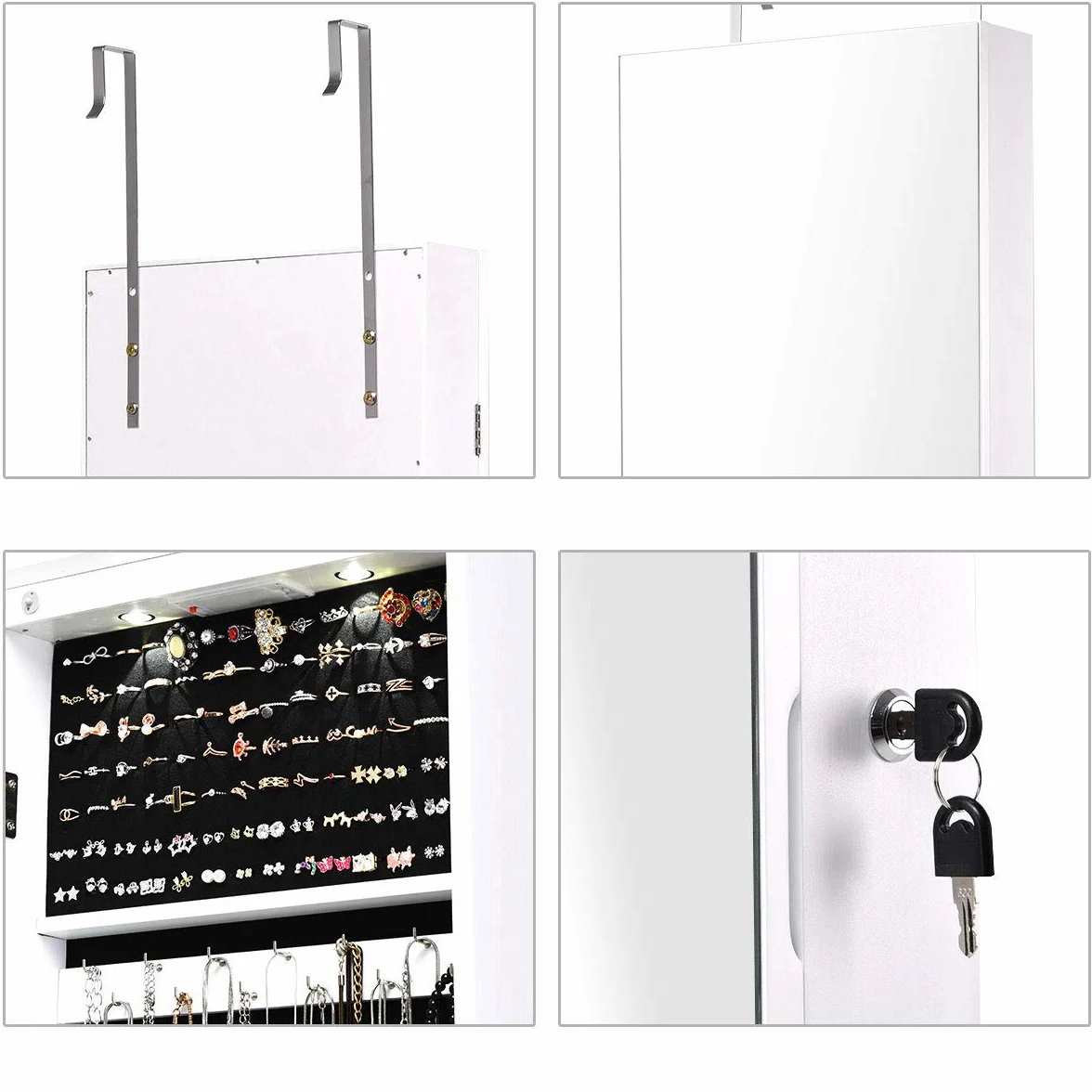 GIANTEX Armoire à Bijoux avec Miroir, Porte Bijoux Mural avec Lumière LED, Rangement avec Miroir Porte,Verrouillable (Blanc)