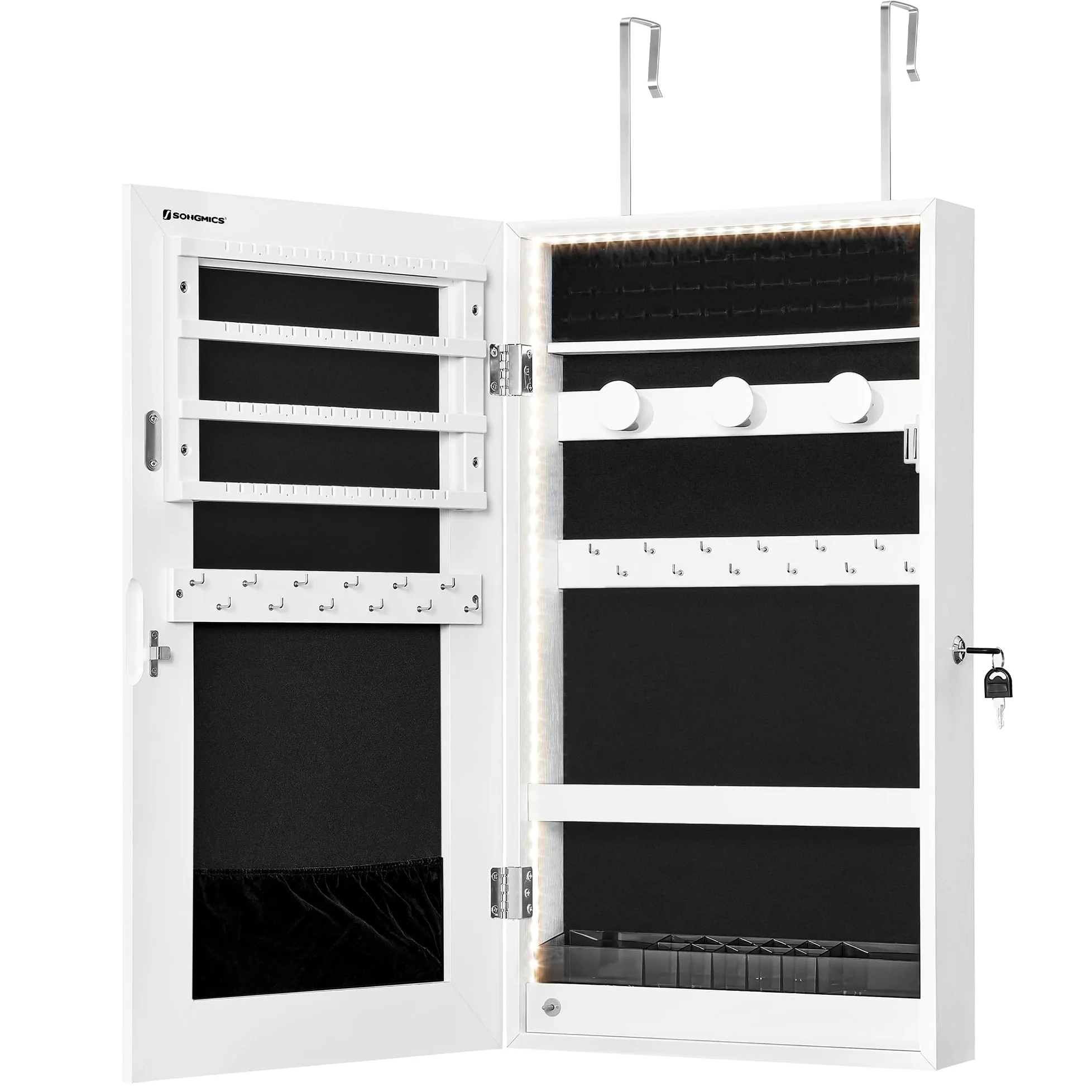 SONGMICS Armoire à Bijoux Miroir avec Éclairage LED Intégré, Rangement pour Bijoux Mural ou à Suspendre sur Une Porte, Armoire Miroir Suspendue 9,7 x 37 x 67 cm, Blanc JJC050W01