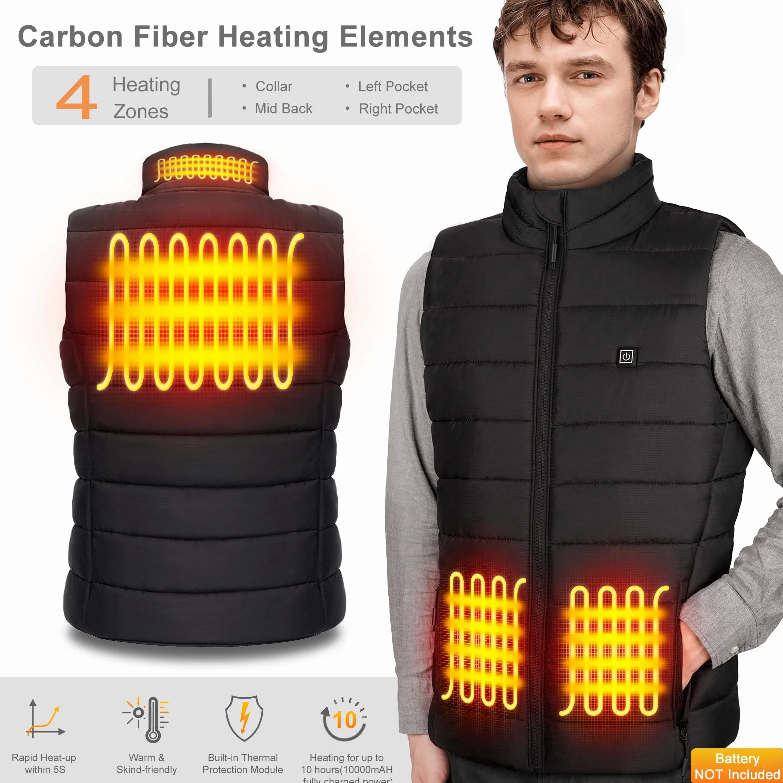 AGUG Veste Chauffante, Gilet Chauffant Électrique pour Homme/Femme avec 3 Modes de Chauffe Vêtement de Chauffage Lavable pour Ski Plein Air Randonnée Hiver Moto Chasse Camping(Sans Batterie)