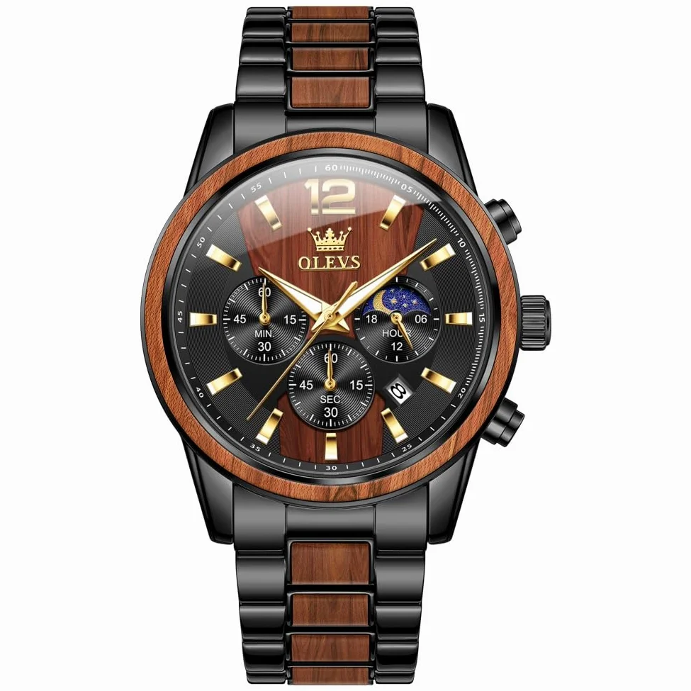 OLEVS Montre chronographe Homme à Quartz Japonais : Bracelet en Bois Massif ou Acier Inoxydable, étanche, Classique et élégante - Cadeau Parfait pour Homme