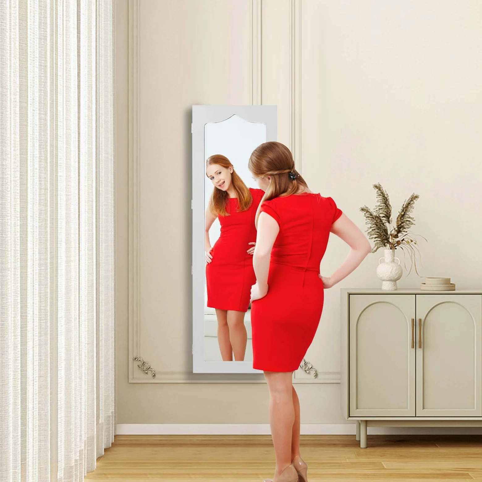 GOPLUS Armoire à Bijoux Mural avec Miroir et Lumière LED, Armoire de Rangement Mural, Accrochée à la Porte avec Serrure, Meuble de Rangement, Miror Porte-Bijoux 120 x 36,5 x 11,5CM, Blanc