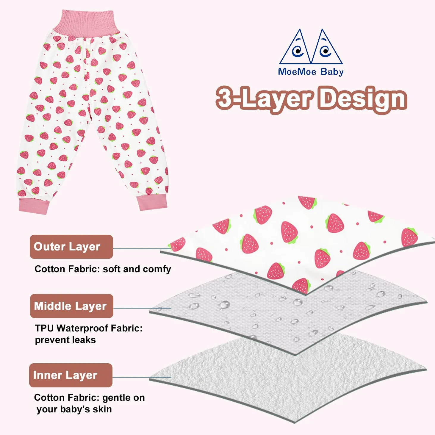 MOEMOE BABY Pantalon Propreté Enfant Nuit,Jupe Apprentissage Propreté,Pantalons de Couche, Jupe de Couche Imperméable,Pantalon Impermeable Enfant Garçon Fille,7-9 Ans,Lot de 2,Rose,XL