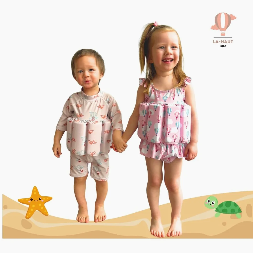 Maillot de Bain Enfant garçon Une pièce Aide à la flottabilité, Flotteurs retirables pour sécurité Confiance, Protection Anti-UV+, Motif Montgolfières Avions, Combinaison Manches Longues, Vintage
