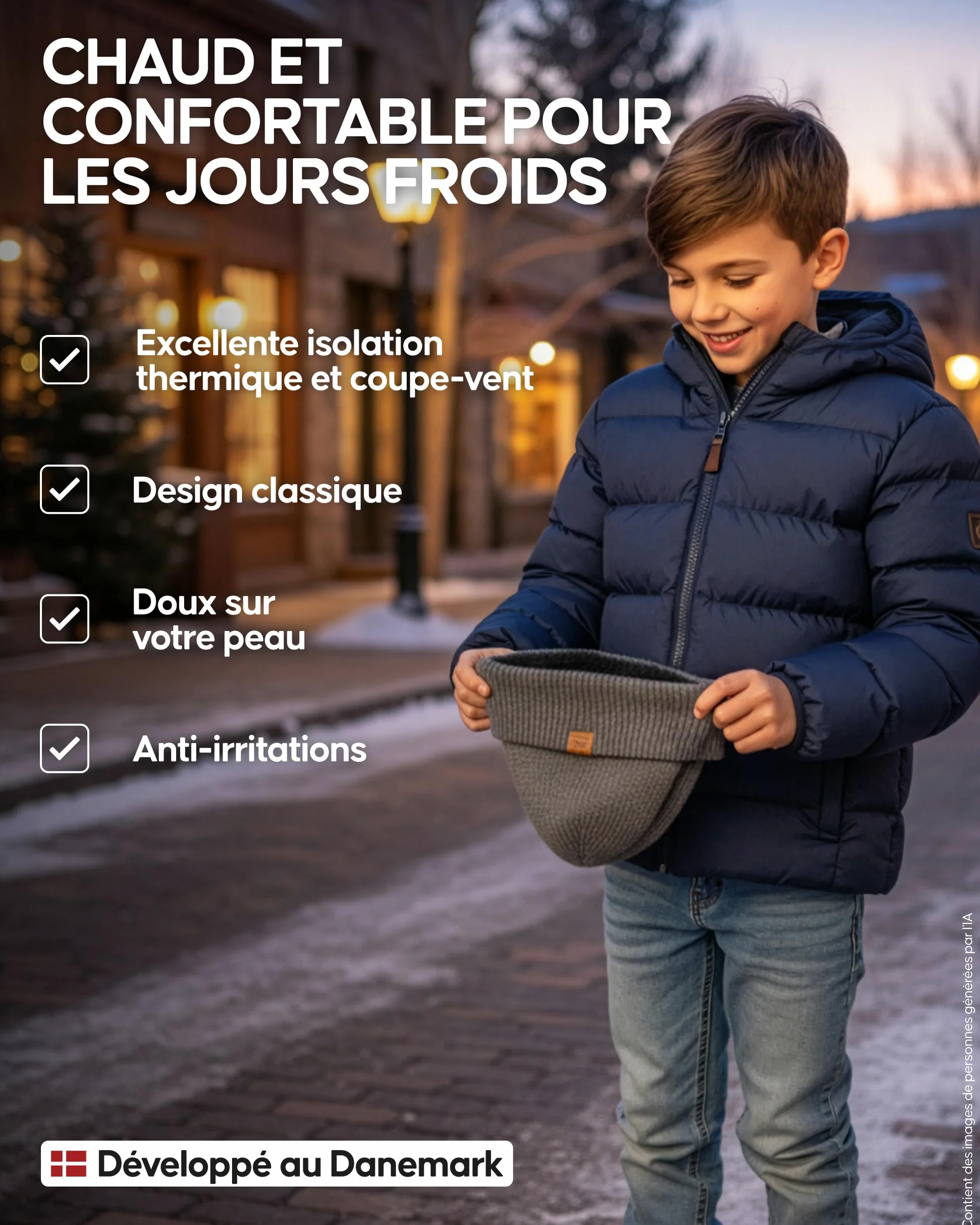 DANISH ENDURANCE Bonnet en Laine mérinos pour Enfants, Doublure Chaude en Polaire, Bonnet Thermique d'automne et d'hiver pour garçons et Filles, tricoté, Unisexe