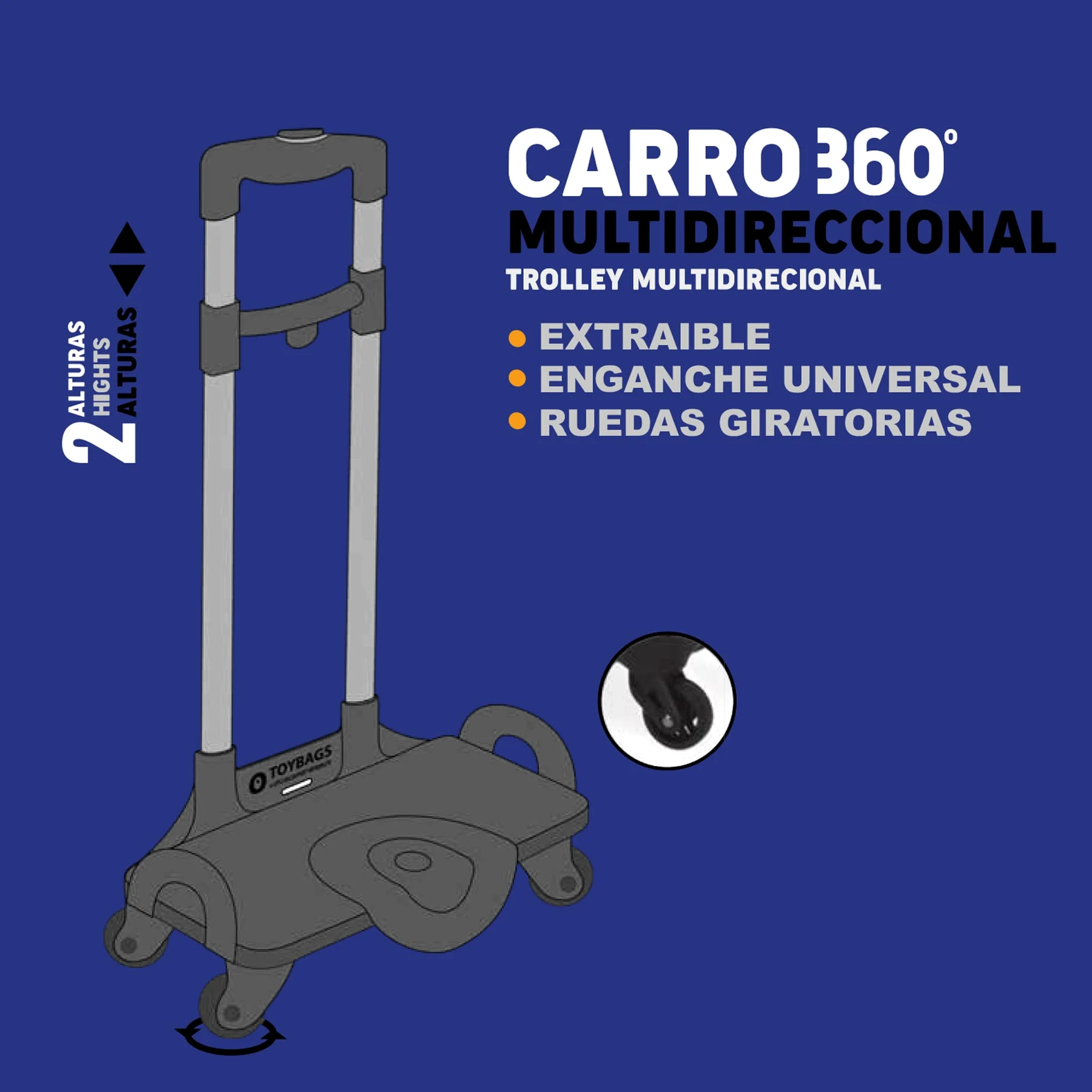 Chariot Toybags Trolley 360 º multidirectionnel - roulettes pivotantes 360 º - comprend butée avant anti-basculement - parties latérales renforcées - s'adapte parfaitement à tout sac à dos - Toybags