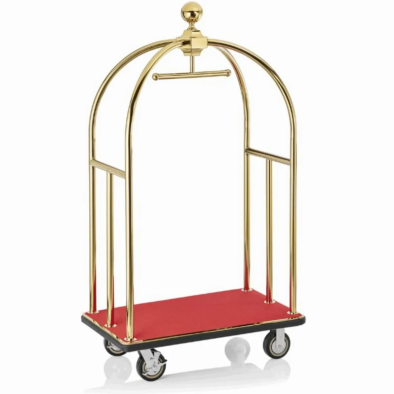 Chariot à Bagages Hôtel Doré - INOX - Plateforme Moquette Rouge - 4 Roues - Luxe Professionnel