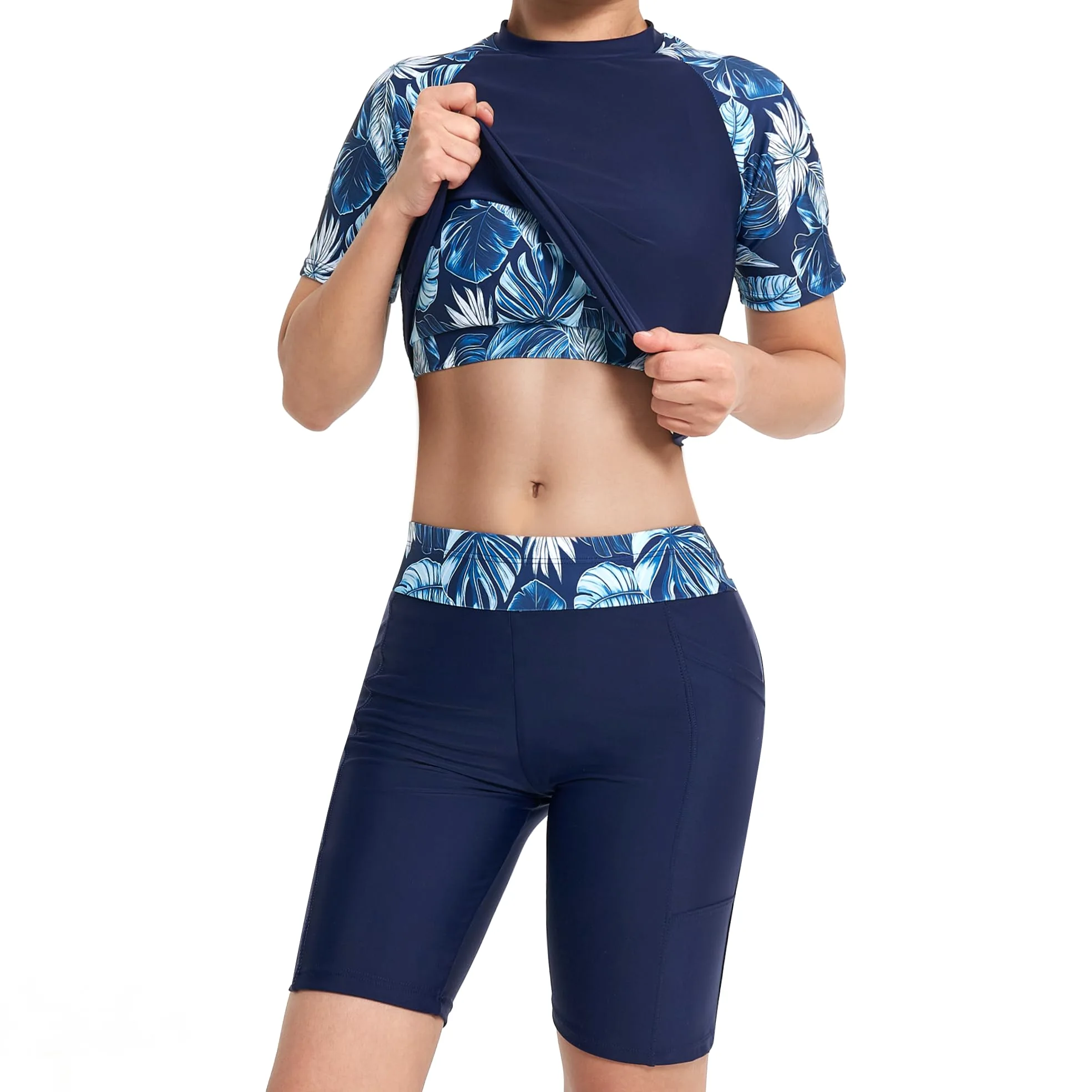 Owntop Maillot de bain 3 pièces Rashguard UPF50+ UV pour femme | Rashguard à manches courtes, haut de bikini et short taille haute | maillots de bain modestes | natation surf, bleu, XXL