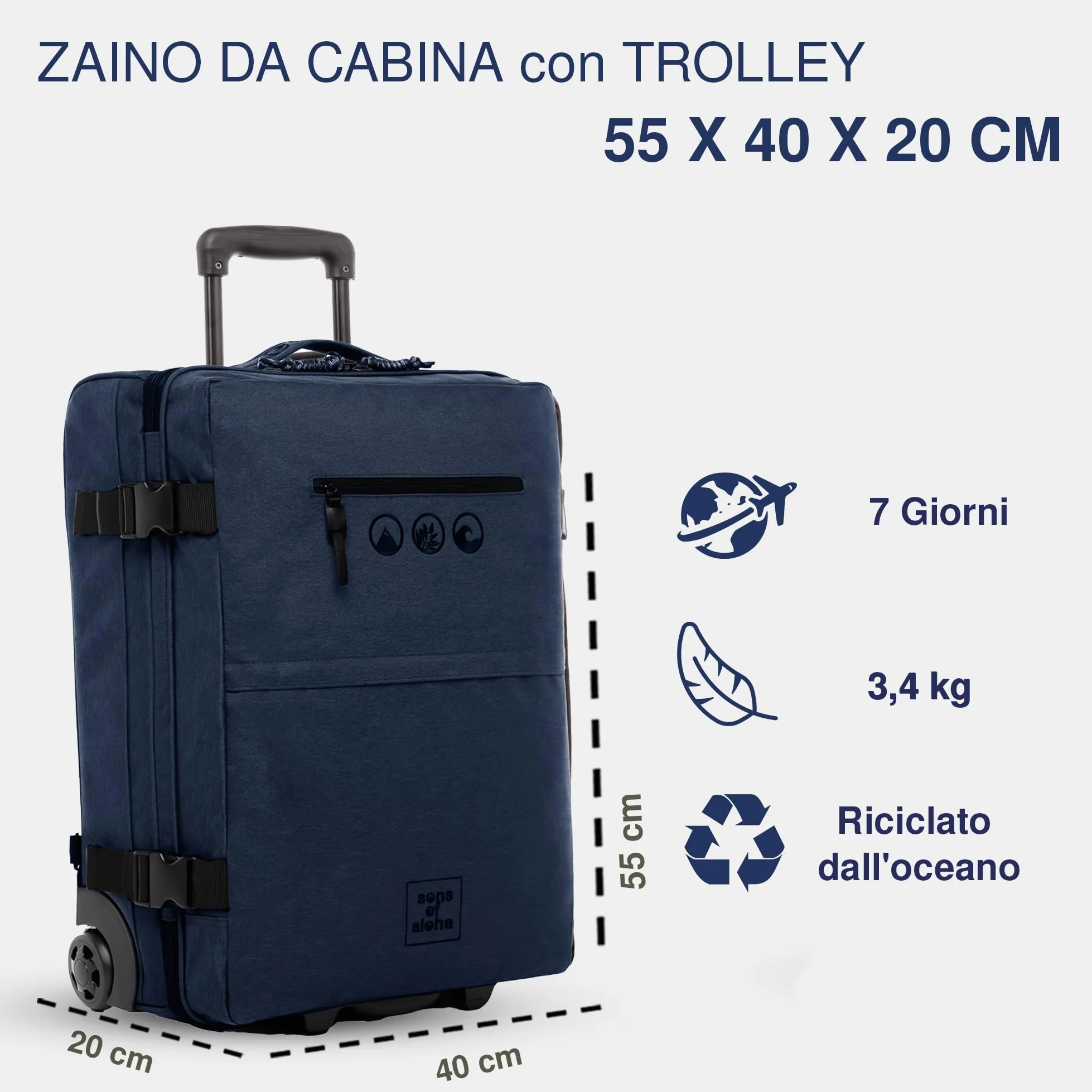 SONS OF ALOHA Valise Cabine et Sac à Dos Kane 2-en-1 Sac à Dos Trolley Cabine - Pet recyclé, Hydrofuge - Bagage d'embarquement Hybride à roulettes 50 x 40 x 20 cm