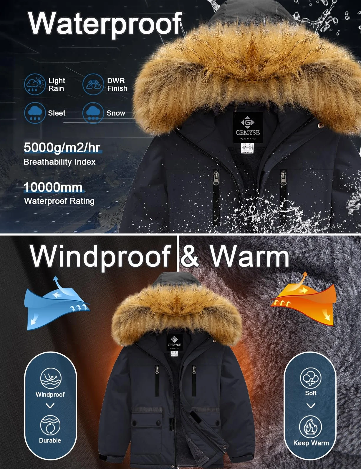 GEMYSE Veste de Ski pour Garçon Enfant Manteau Hiver Chaud Imperméable Coupe-Vent Blouson avec capuche en Fourrure Amovible