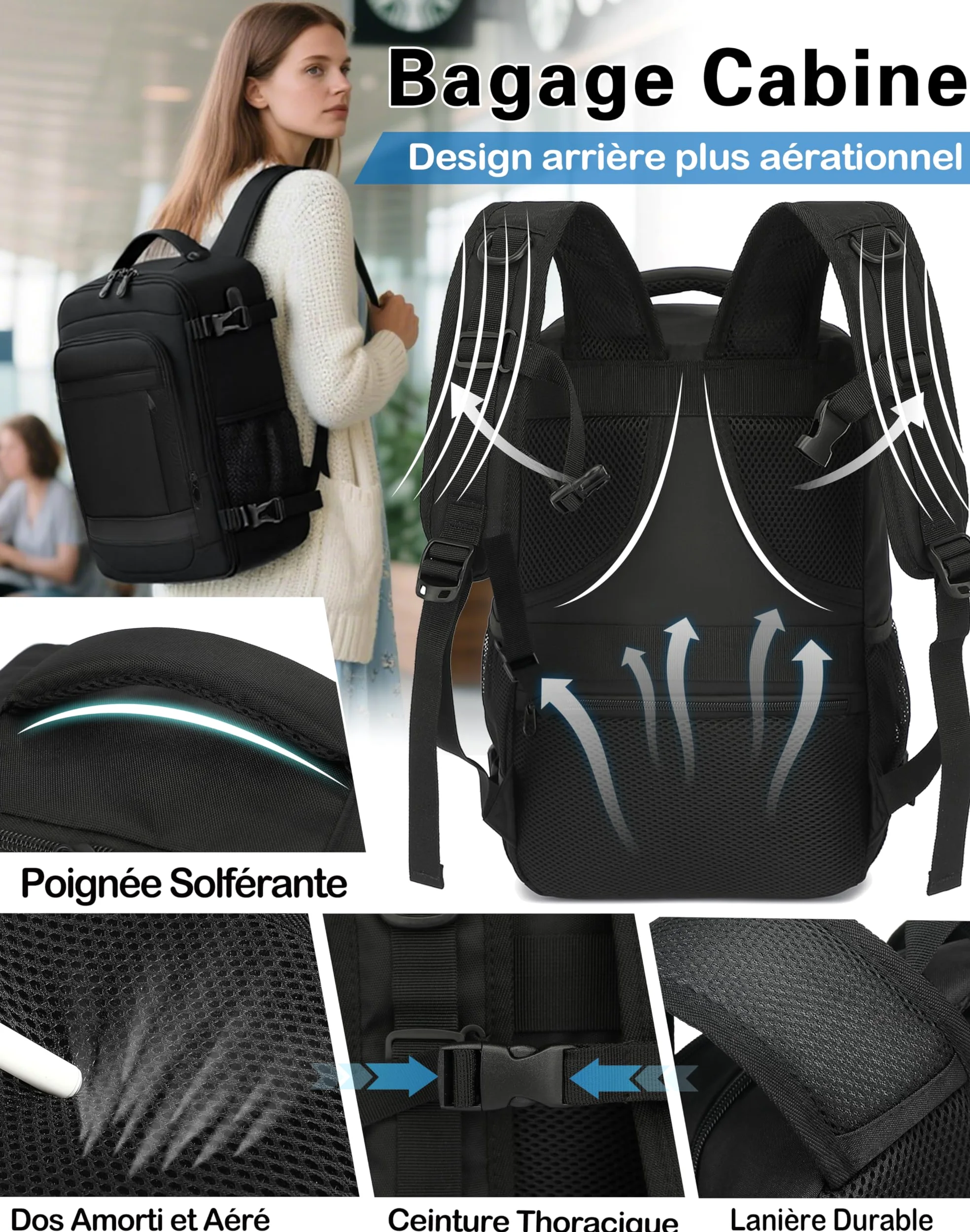 KLOSTAIN Sac à Dos Voyage Cabine Avion 45x36x20 pour Easyjet 30L Bagage Cabine Grande Bagage à Main sous Le Siège Sac à Dos Homme pour Ordinateur Portable 14 Noir