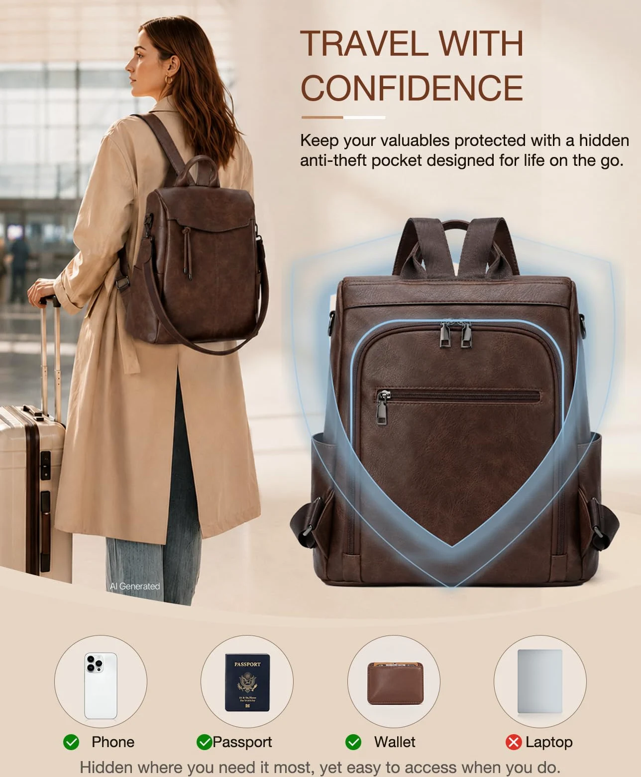 VX VONXURY Sac a Dos Femme en Cuir PU Sac a Dos Antivol avec Poche Arrière Sacs à Dos loisir pour Travail, Scolaire, Voyage