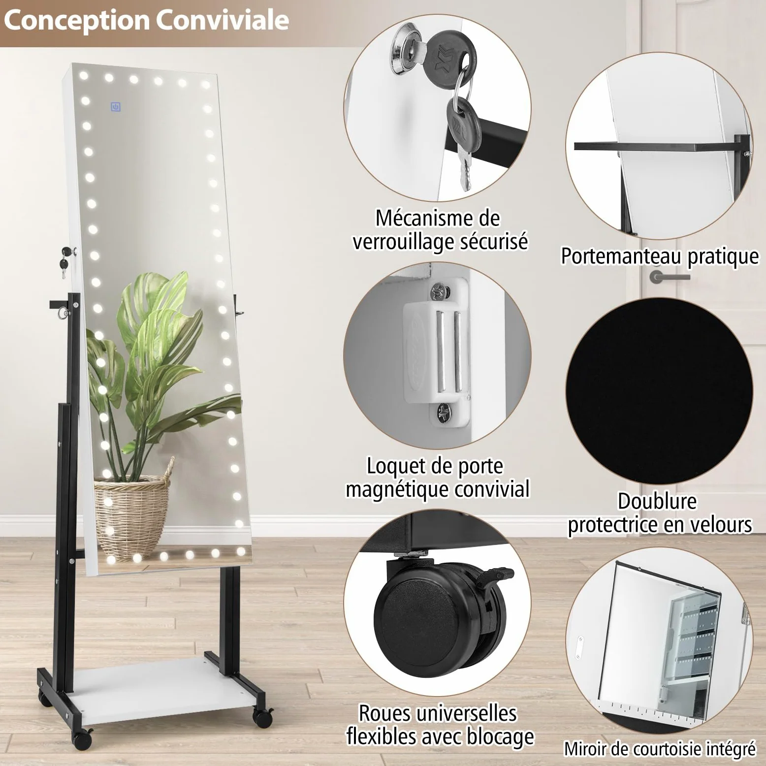RELAX4LIFE Armoire à Bijoux sur Pied à Roues, Miroir Rangement Bijoux avec LED 3 Couleurs, Hauteurs & Angles Réglables, Étagère Inférieure, Meuble Bijoux pour Chambre Dressing(Blanc)