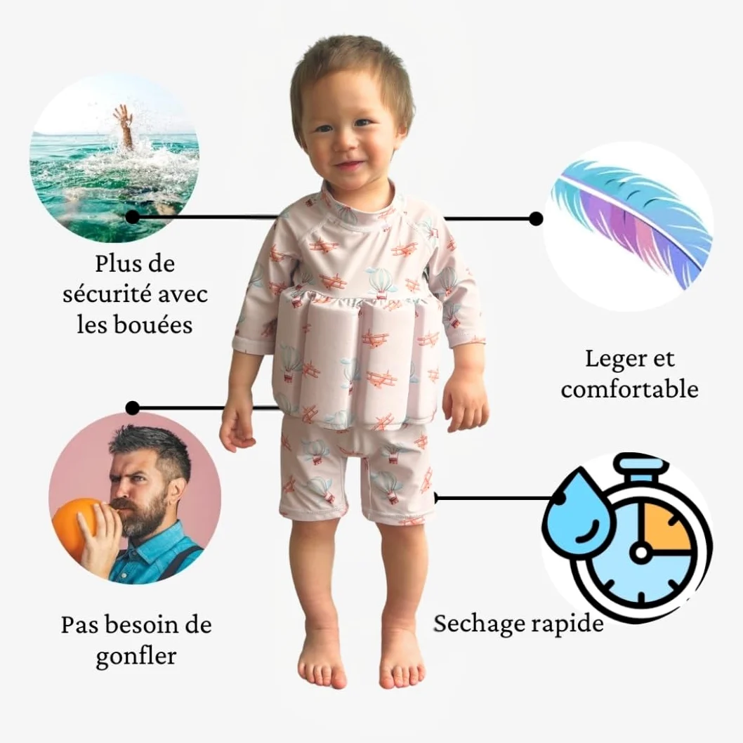 Maillot de Bain Enfant garçon Une pièce Aide à la flottabilité, Flotteurs retirables pour sécurité Confiance, Protection Anti-UV+, Motif Montgolfières Avions, Combinaison Manches Longues, Vintage
