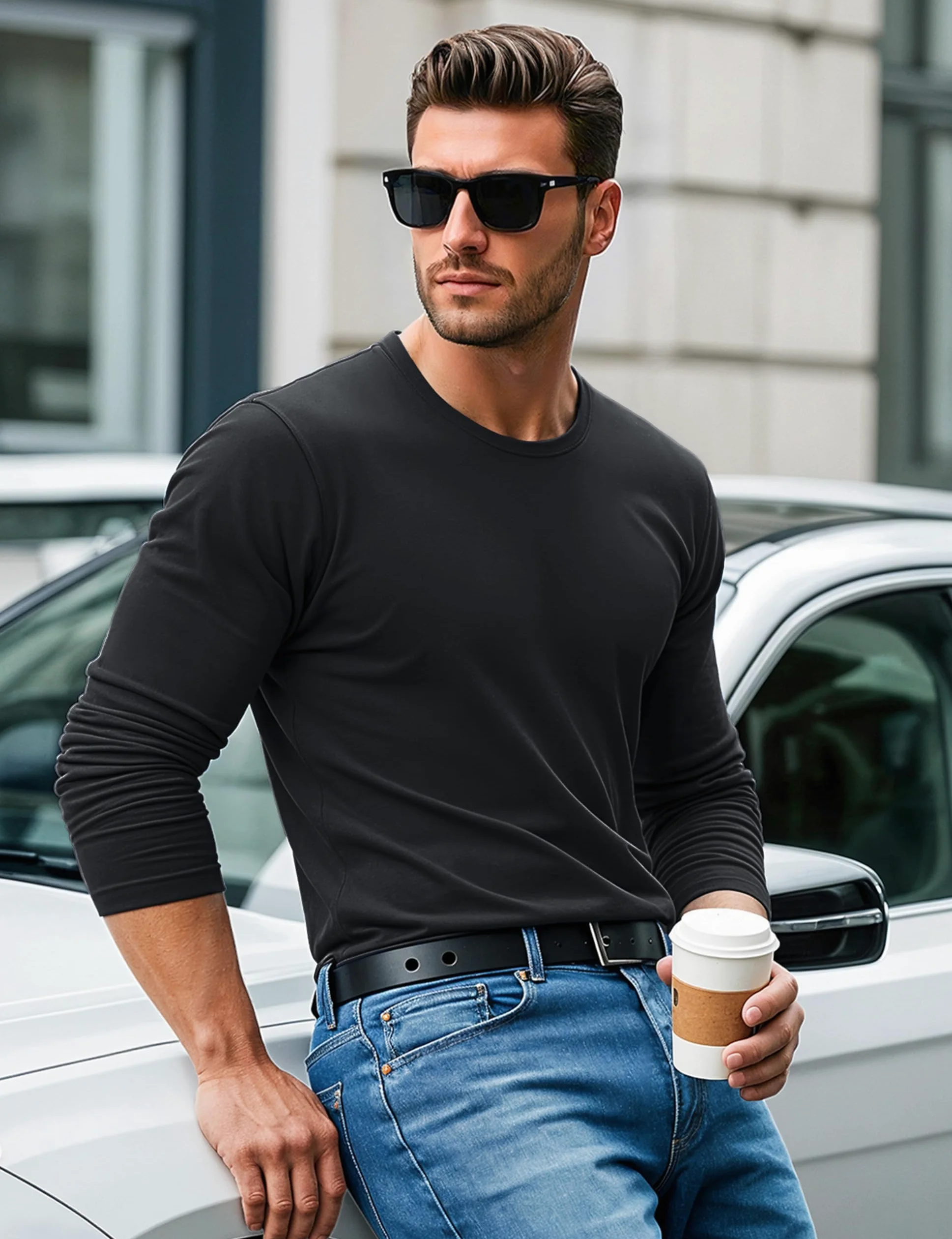 MAGCOMSEN Hommes T-Shirt à Coton Manches Longues avec Encolure Ronde Base Décontractée
