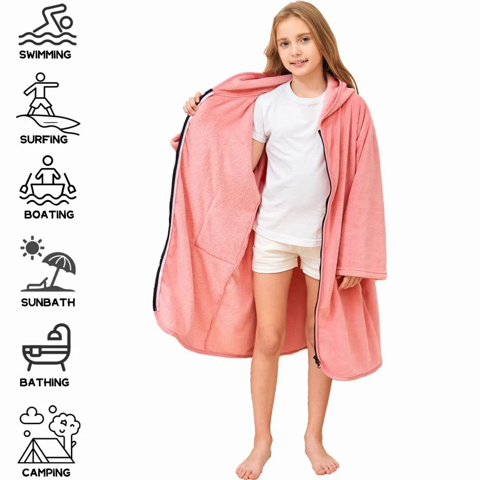 Hiturbo Peignoir à capuche pour enfants : peignoir de bain à fermeture éclair pour natation, plage, surf, maison