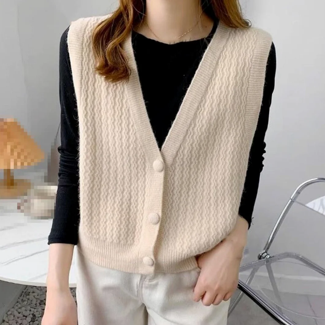Alloaone Cardigan Tricoté sans Manches pour Femmes, Col en V, Pull, Pull À Simple Boutonnage