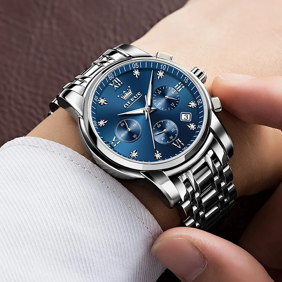 OLEVS Hommes en Acier Inoxydable Chronographe Doré Argent Analogique Quartz Grand Cadran Diamant Montre De Luxe éTanche Date Cadran NuméRique Romain
