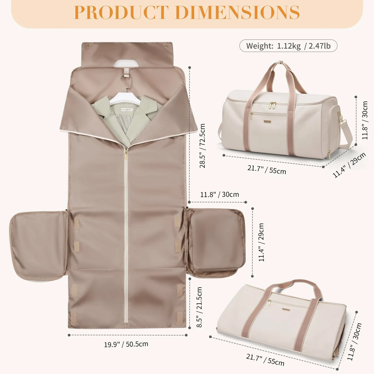 Sac de Voyage Convertible 2 en 1 Sac à Main pour Femme Pliable Blanc Cassé