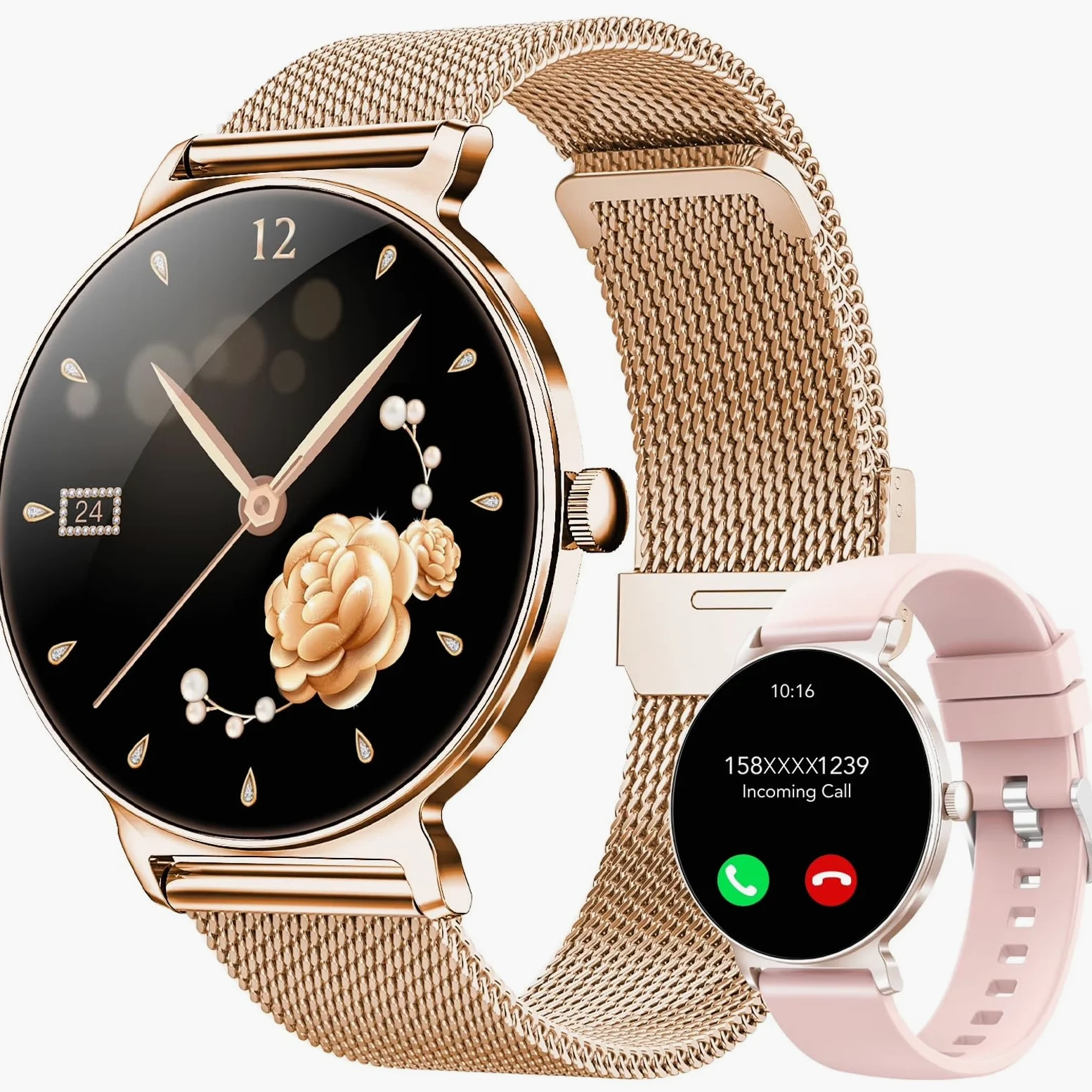 Montre Connectée Femme AMOLED 1,27 pouces HD, Smartwatch Bluetooth 5.4, Montre Intelligente Femme, 120+ Modes Sport, 200+ Cadrans, Suivi Santé 24 h (Sommeil, FC, SpO2), Compatible Android iOS, Or Rose