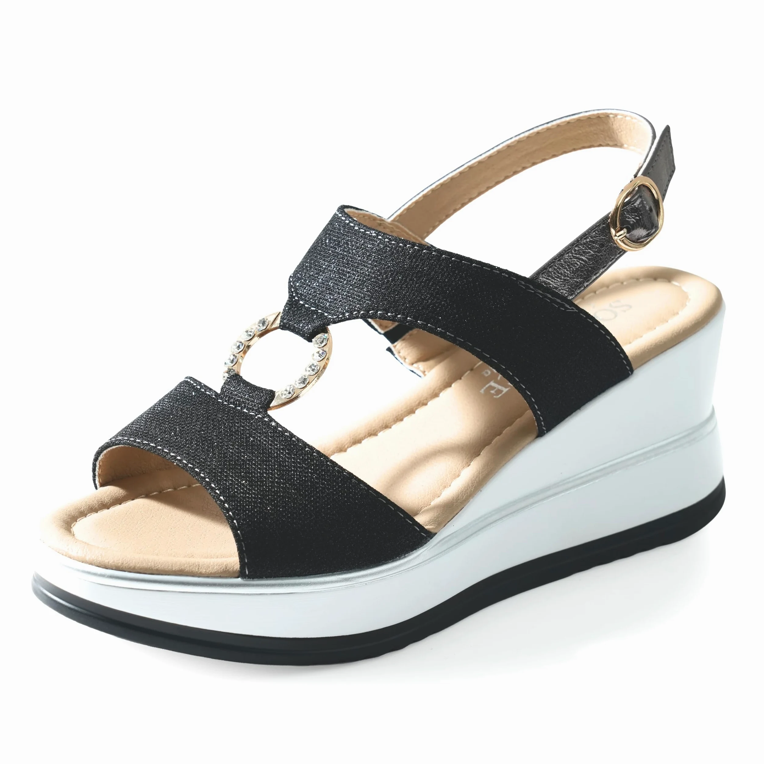JOMIX Sandales Femme Élégantes avec Compensée 7 cm Tissu Brillant et Détail Bijou avec Anneau Strass Bride Réglable Semelle Confort Amortissante Antidérapante Chaussures Été Casual Chic