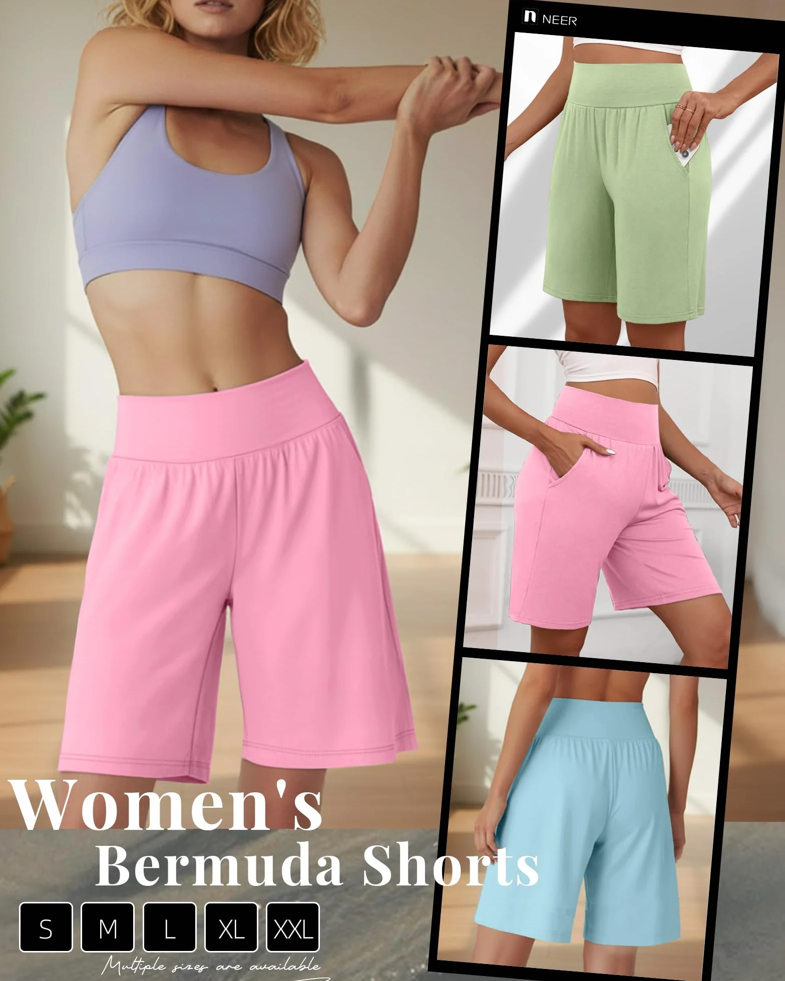 Neer Lot de 3 Bermudas Femme Taille Haute Confortables Extensibles Style Décontracté Longueur Genou Short d'Été à Poches