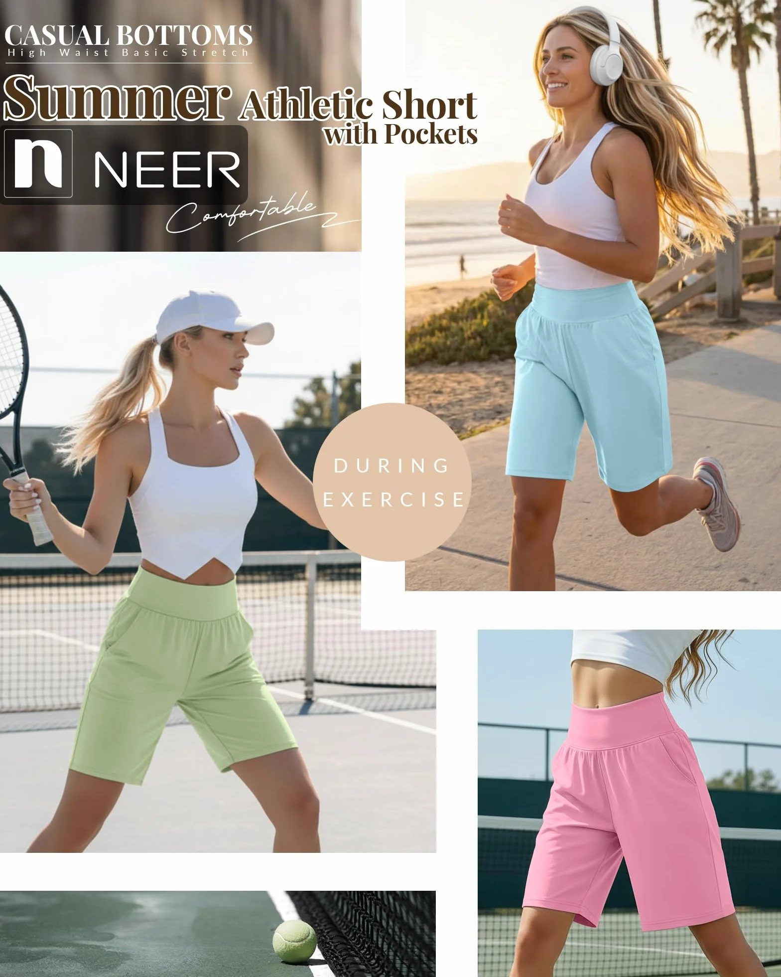 Neer Lot de 3 Bermudas Femme Taille Haute Confortables Extensibles Style Décontracté Longueur Genou Short d'Été à Poches