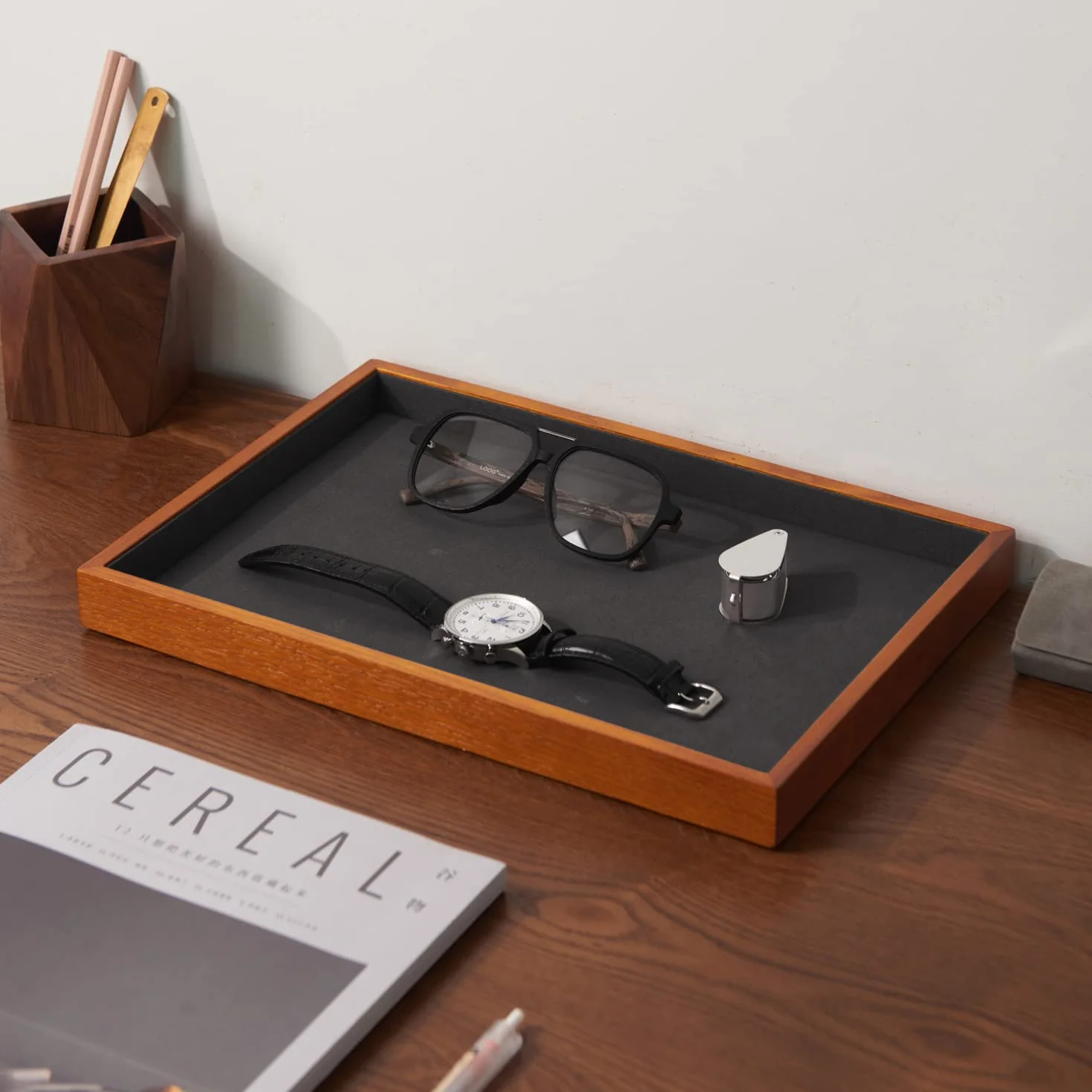 Oirlv Bois Massif Plateau Plat Pour Bijoux,Empilable,Tiroir Pour Bijoux,Organisateur,Vitrine,Porte Bijoux(Gris)